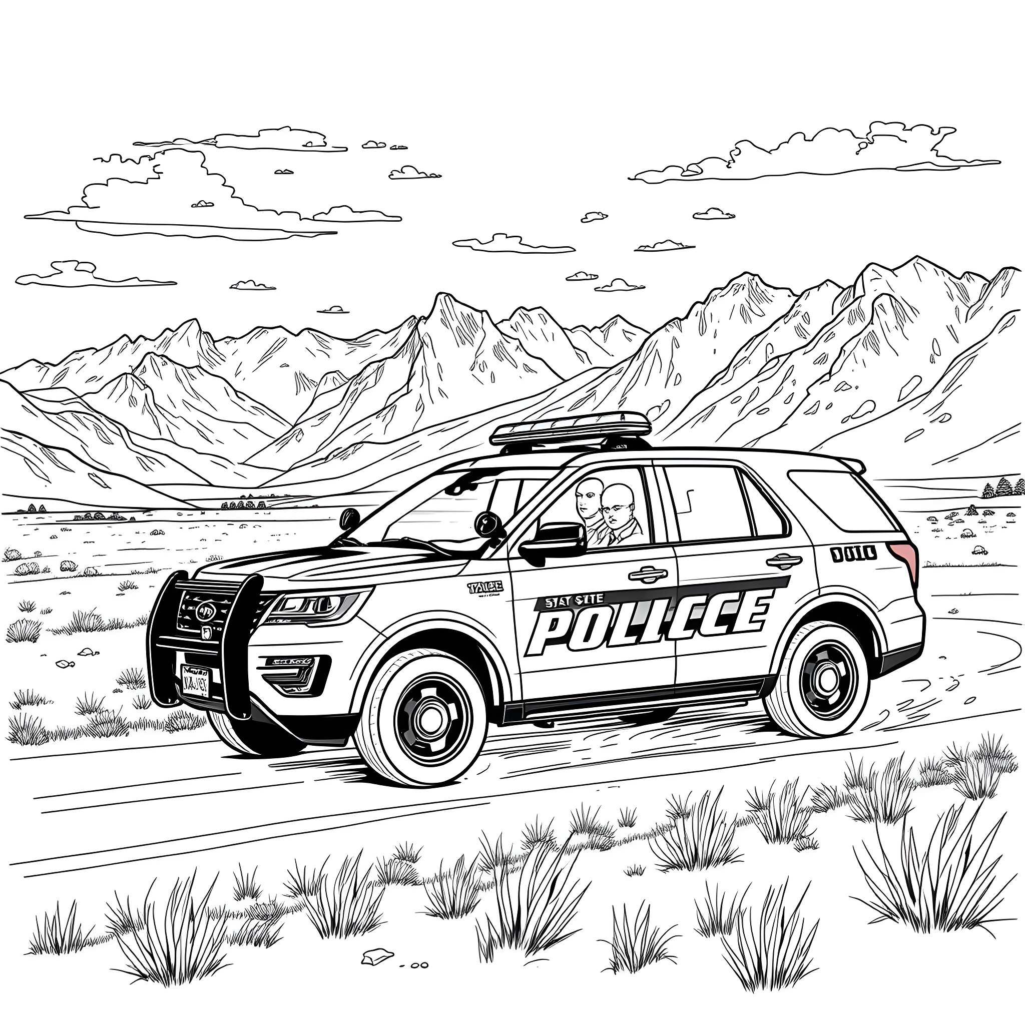 Idaho State Police officers patrolling scenic mountain landscape Coloring Page (free black-and-white line drawing printable PDF for all, from beginners to advanced learners, including children, teens, adults, and seniors)