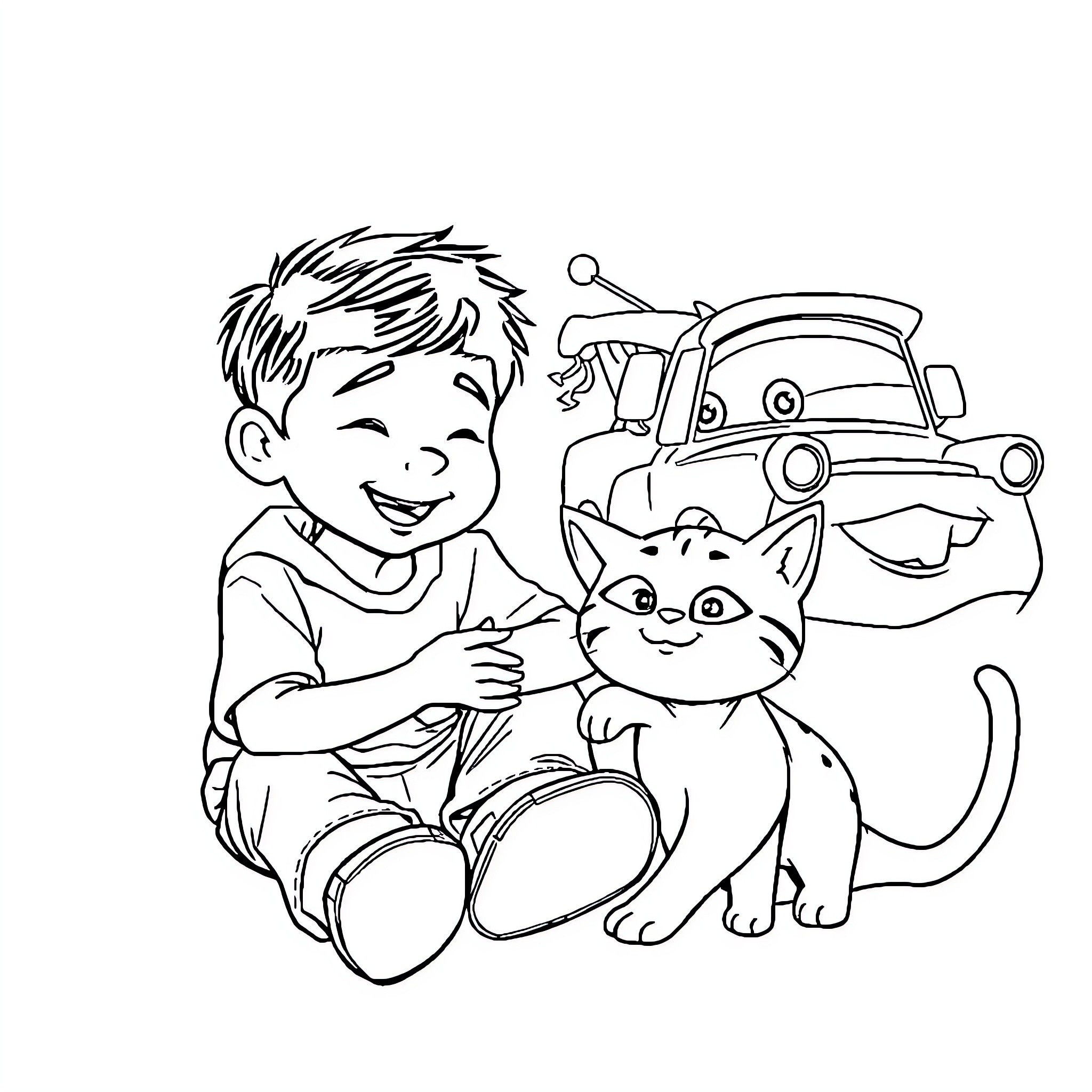 Niño playing happily with a kitten and toy car Coloring Page (free black-and-white line drawing printable PDF for all, from beginners to advanced learners, including children, teens, adults, and seniors)