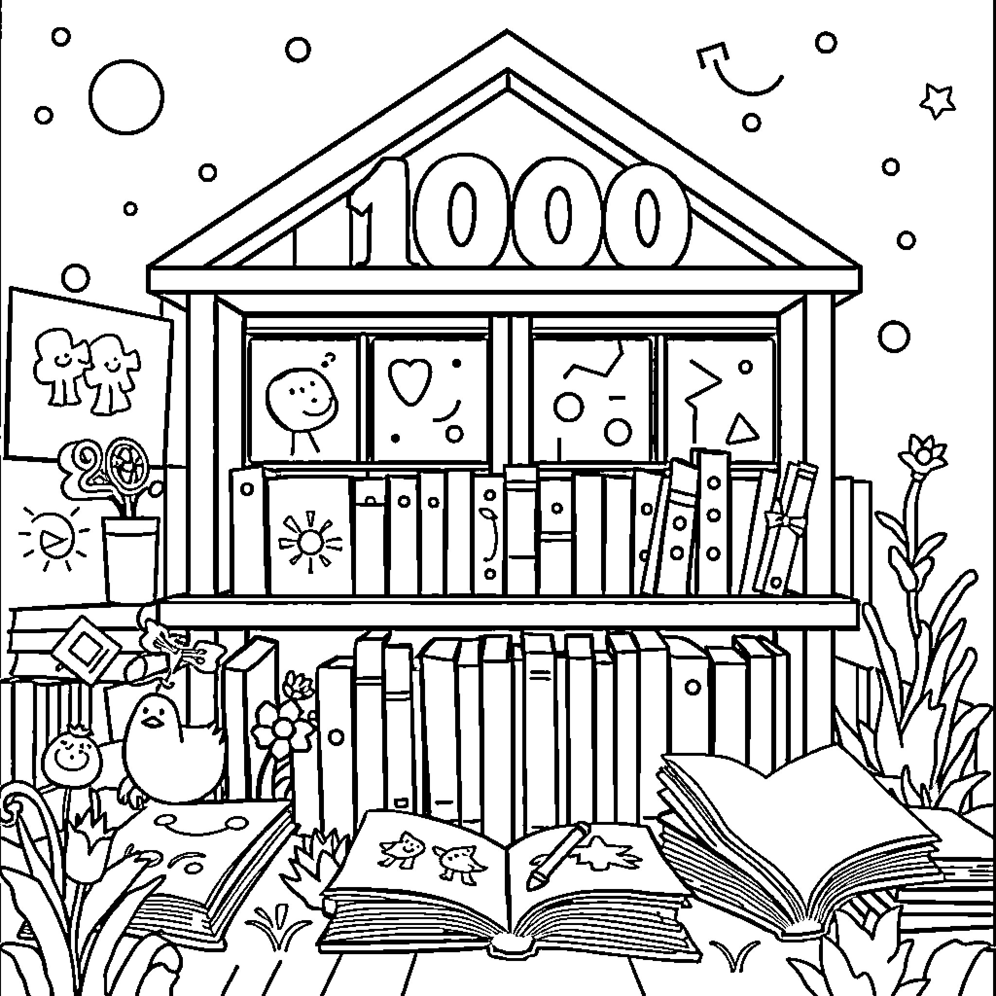 Book with characters and symbols in a school building Coloring Page (free black-and-white line drawing printable PDF for all, from beginners to advanced learners, including children, teens, adults, and seniors)
