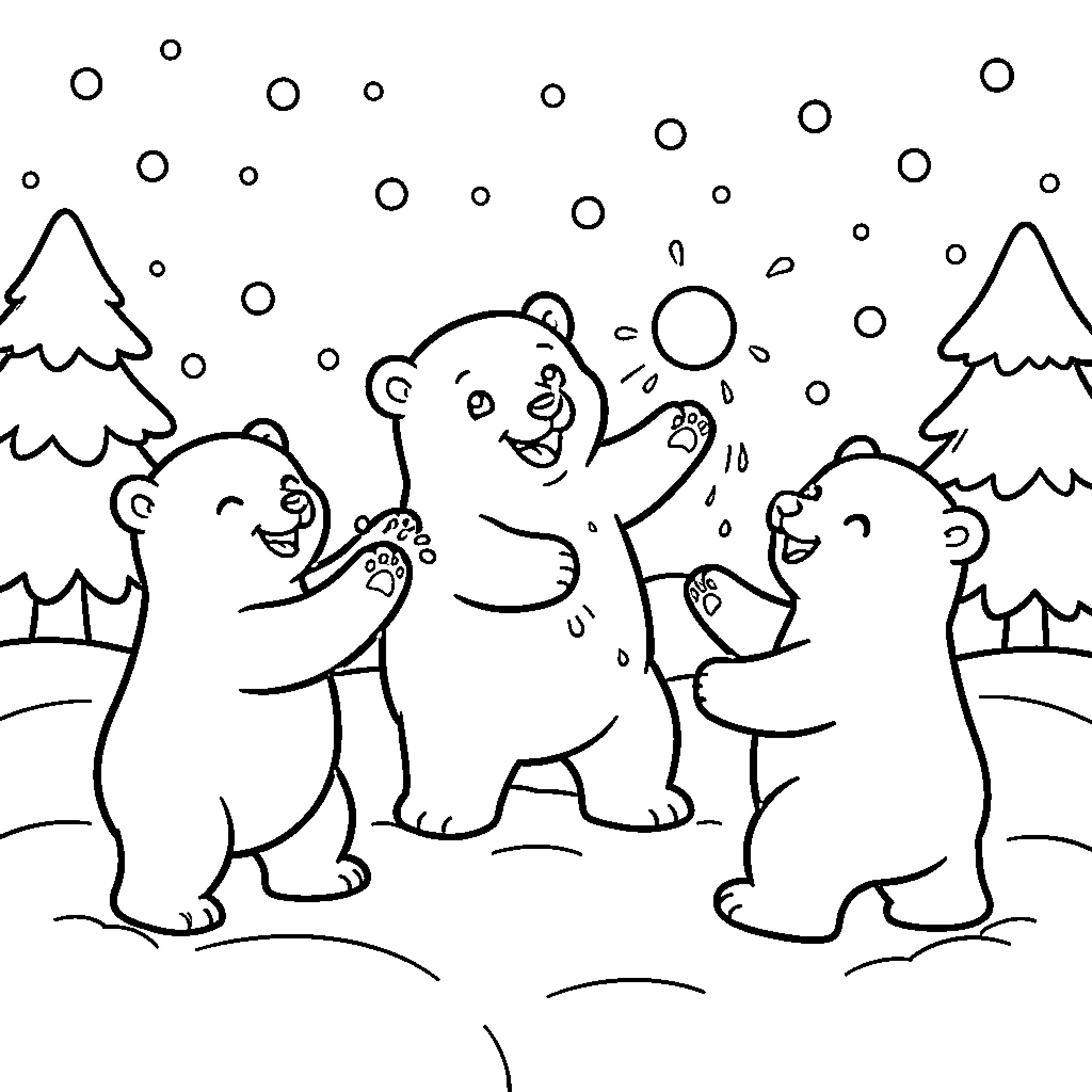 Polar Bears Frolicking in Snowy Wonderland Coloring Page (free black-and-white line drawing printable PDF for all, from beginners to advanced learners, including children, teens, adults, and seniors)