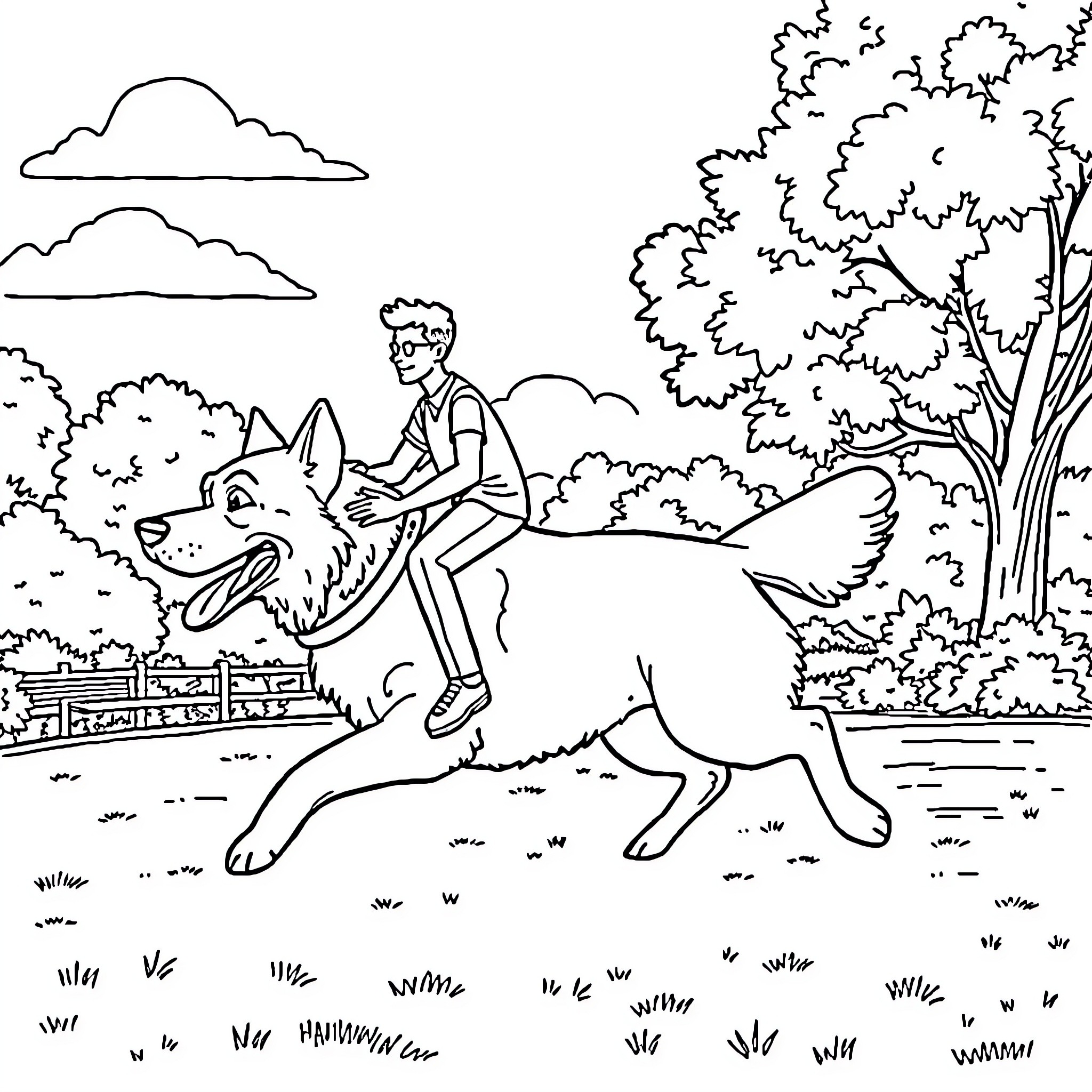 Man riding a dog in the park Coloring Page (free black-and-white line drawing printable PDF for all, from beginners to advanced learners, including children, teens, adults, and seniors)