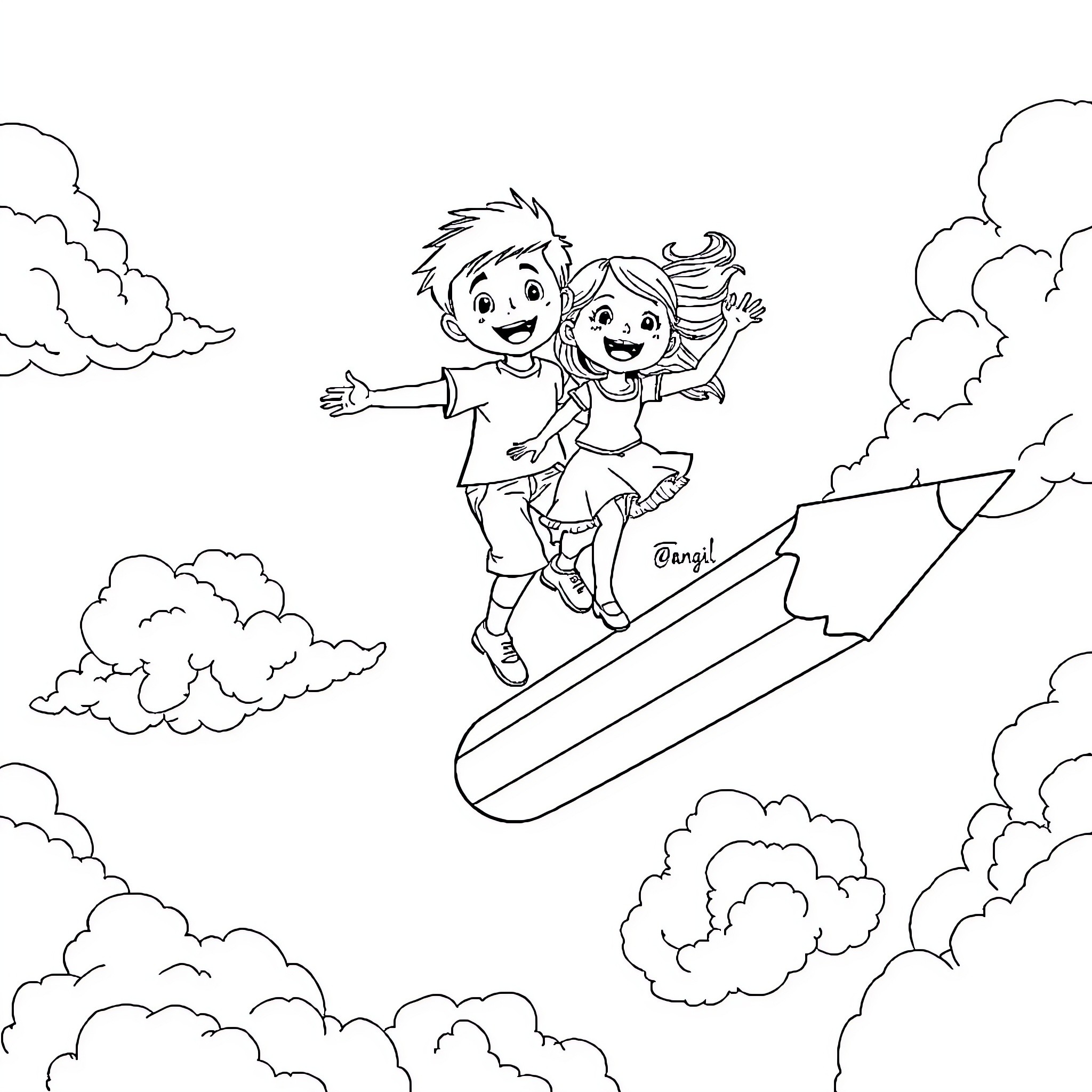 Kid duo riding on a comet through cloudy skies Coloring Page (free black-and-white line drawing printable PDF for all, from beginners to advanced learners, including children, teens, adults, and seniors)