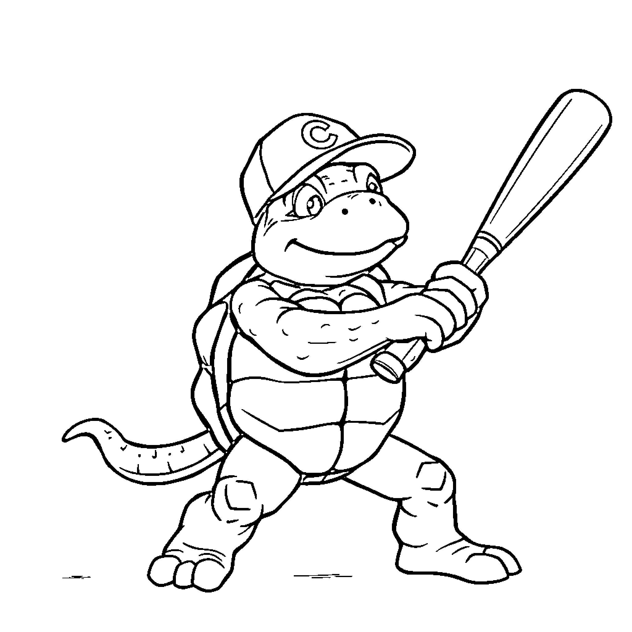 Turtle playing baseball with a bat Coloring Page (free black-and-white line drawing printable PDF for all, from beginners to advanced learners, including children, teens, adults, and seniors)