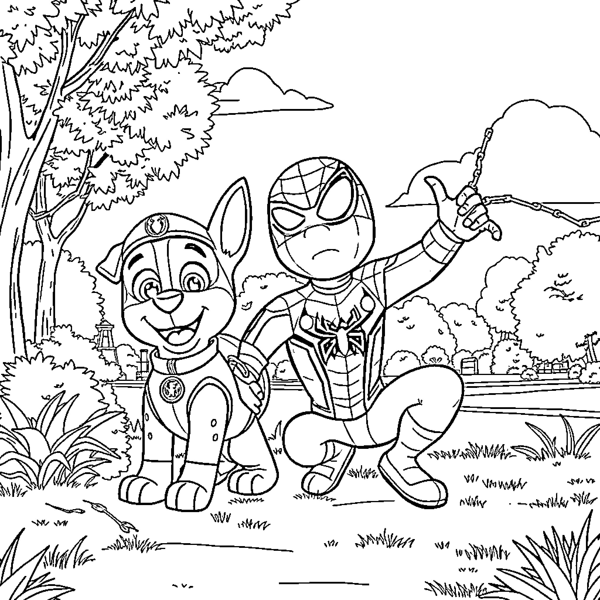 Chase through the Park Coloring Page (free black-and-white line drawing printable PDF for all, from beginners to advanced learners, including children, teens, adults, and seniors)