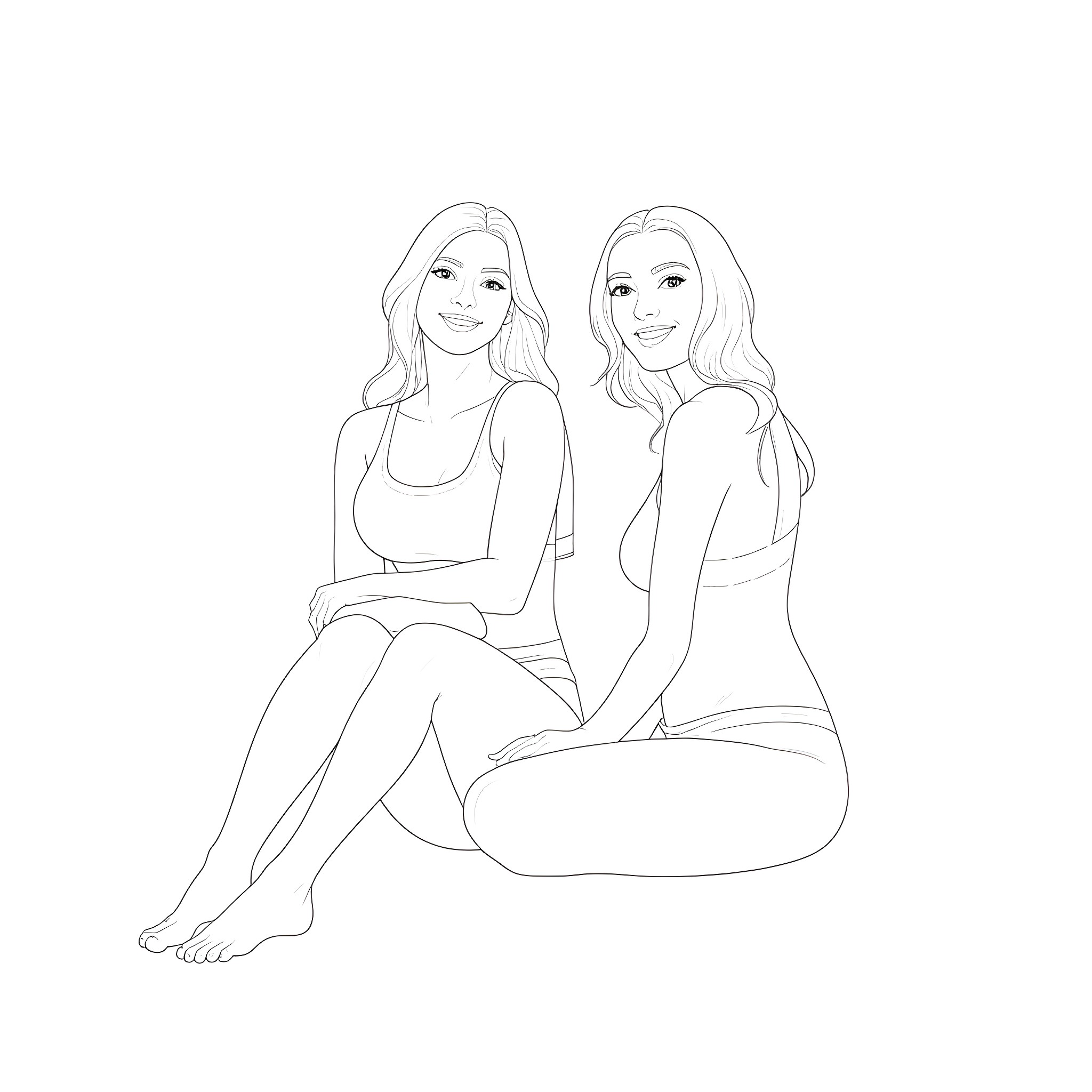 Woman in casual clothing sitting together Coloring Page (free black-and-white line drawing printable PDF for all, from beginners to advanced learners, including children, teens, adults, and seniors)