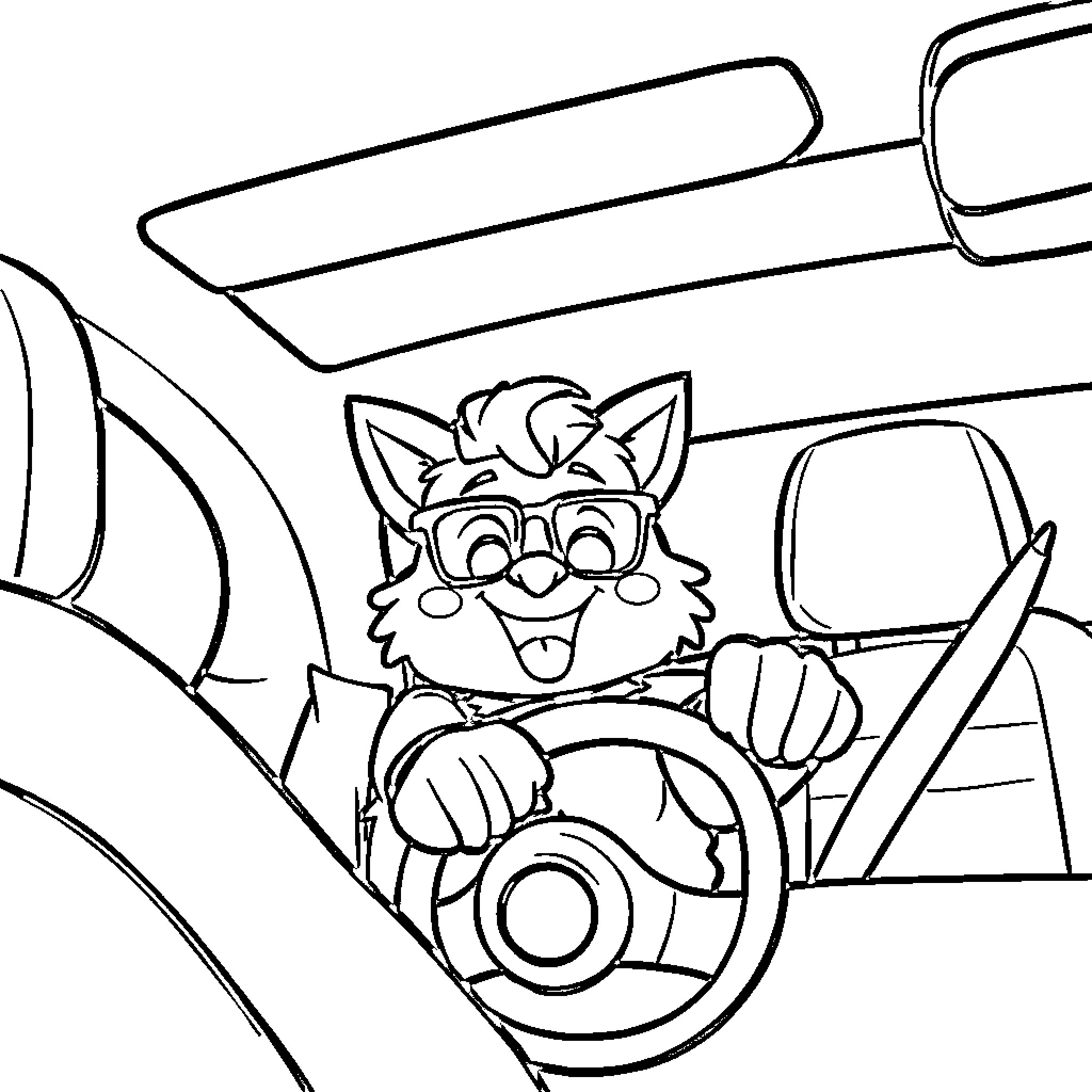 Plim Plim driving a happy cartoon vehicle Coloring Page (free black-and-white line drawing printable PDF for all, from beginners to advanced learners, including children, teens, adults, and seniors)