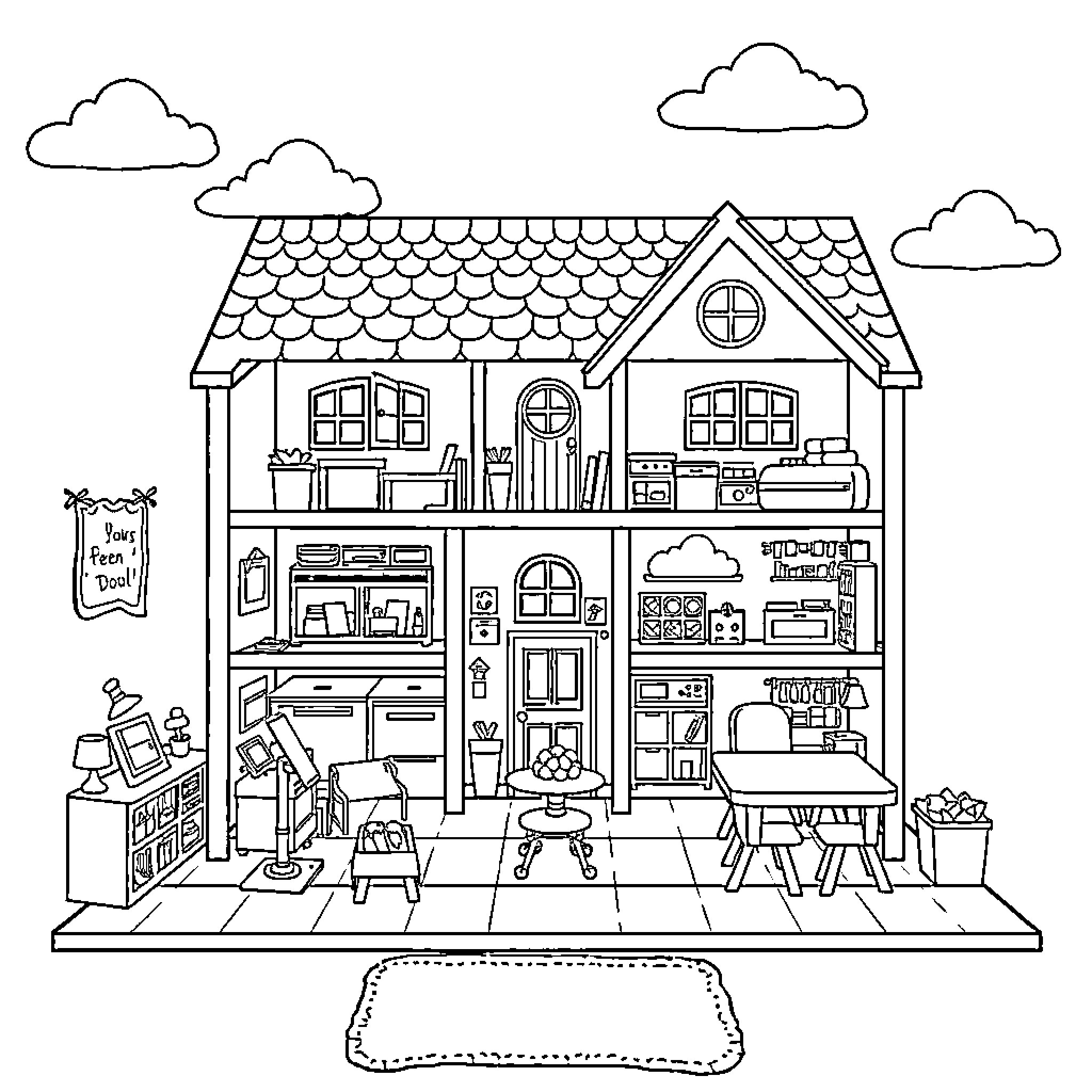 Dollhouse with detailed interior and furnishings Coloring Page (free black-and-white line drawing printable PDF for all, from beginners to advanced learners, including children, teens, adults, and seniors)
