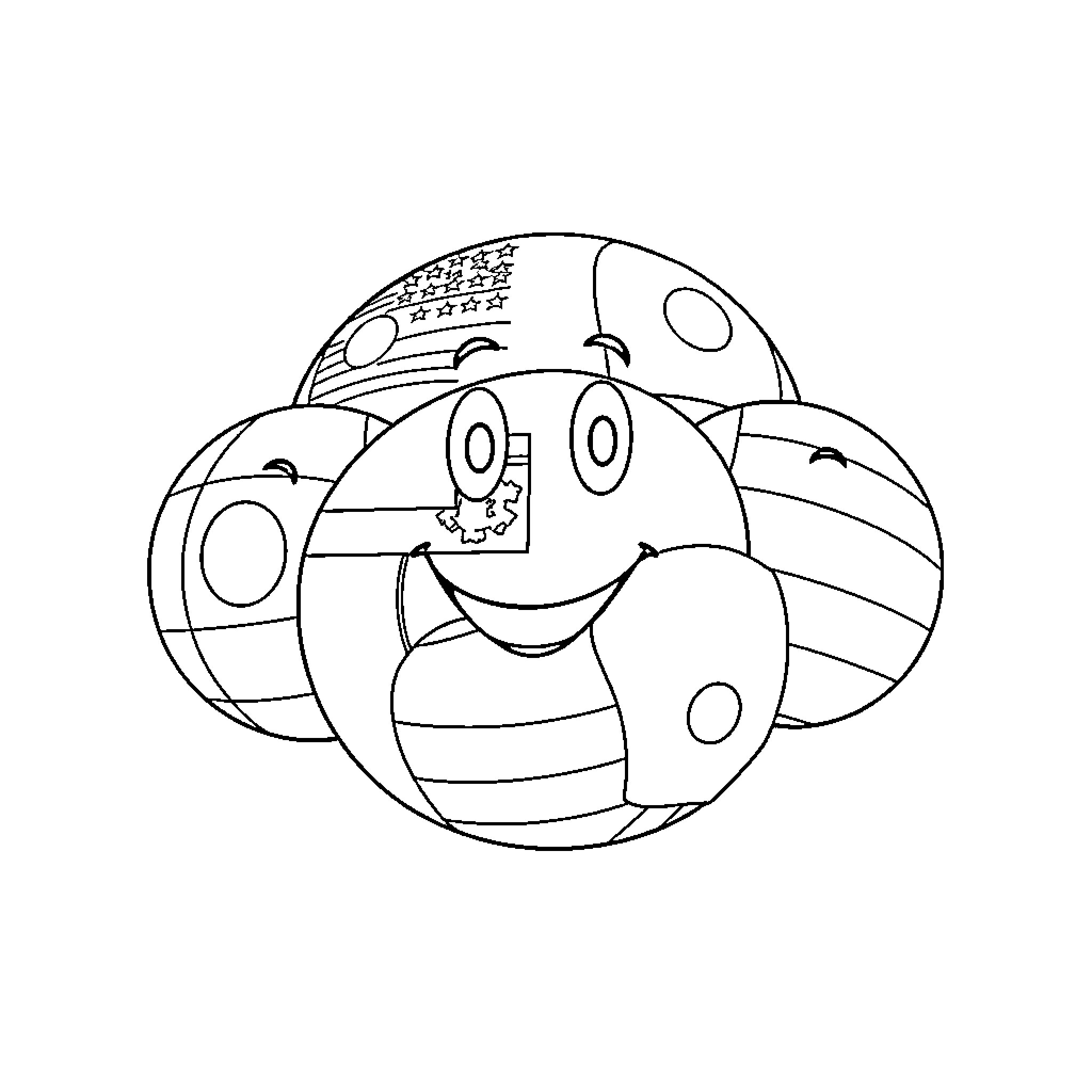 Countryball characters in playful poses Coloring Page (free black-and-white line drawing printable PDF for all, from beginners to advanced learners, including children, teens, adults, and seniors)