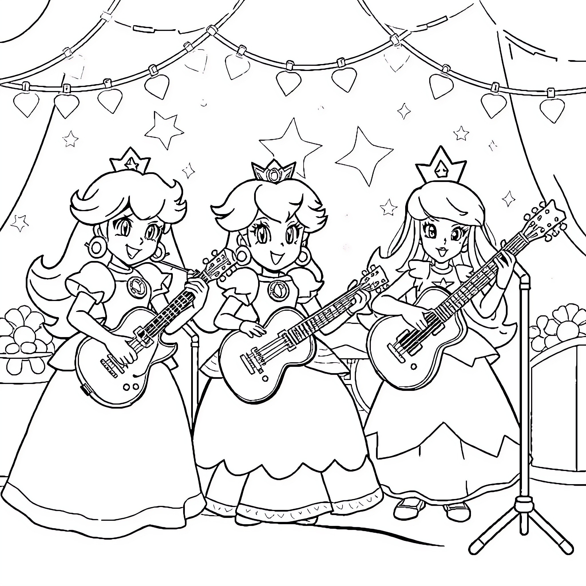 Princess Rock Band Performing on Stage Coloring Page (free black-and-white line drawing printable PDF for all, from beginners to advanced learners, including children, teens, adults, and seniors)