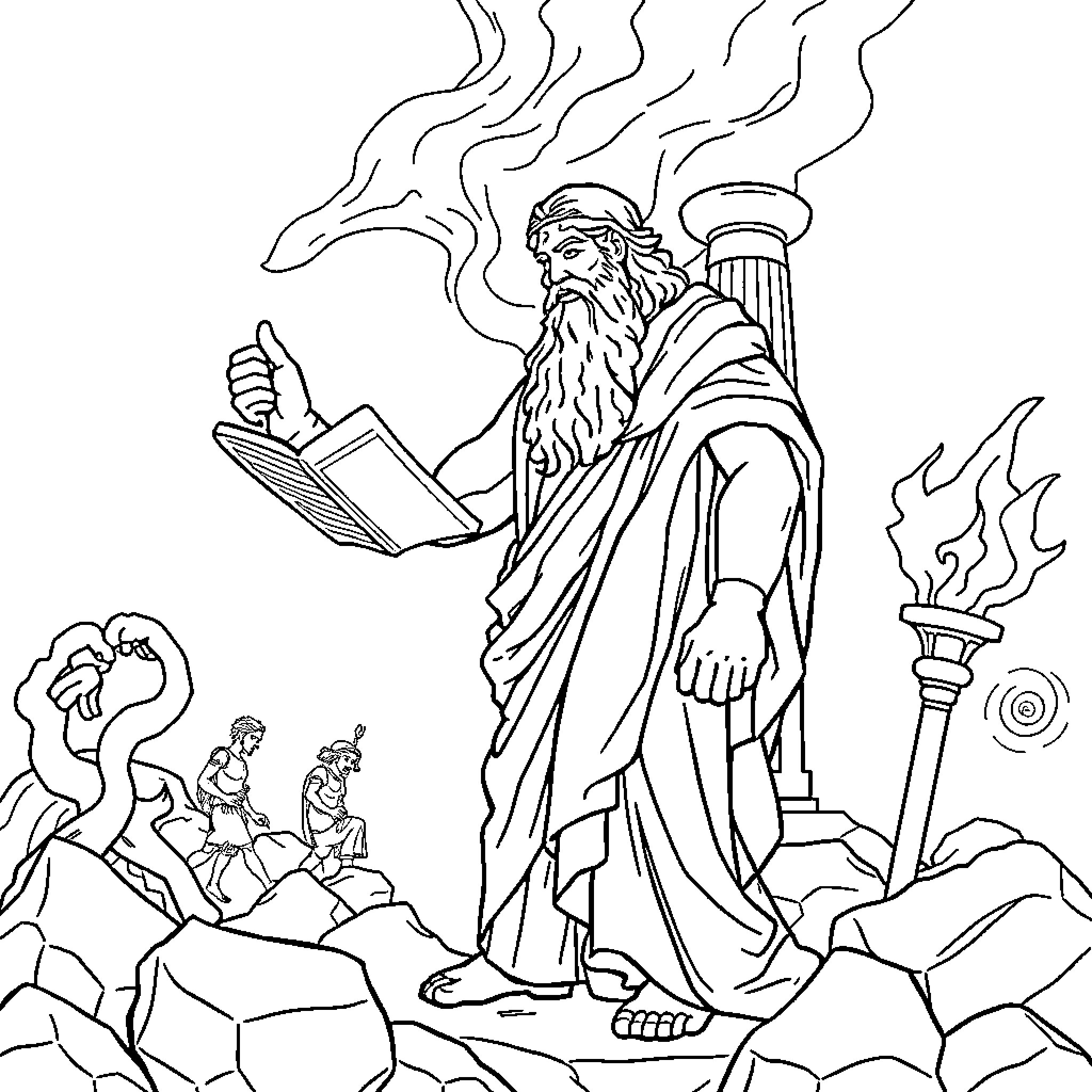 Mythologist Wielding the Torch of Wisdom and Knowledge Coloring Page (free black-and-white line drawing printable PDF for all, from beginners to advanced learners, including children, teens, adults, and seniors)