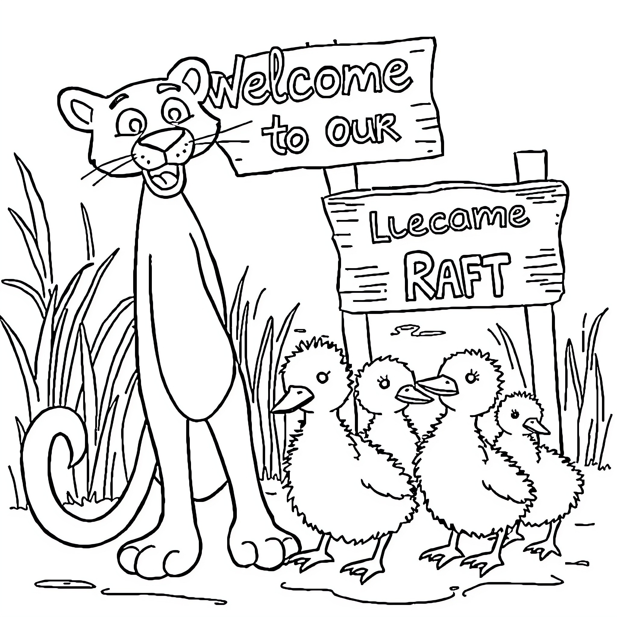 Pink Panther welcomes guests to the lively raft Coloring Page (free black-and-white line drawing printable PDF for all, from beginners to advanced learners, including children, teens, adults, and seniors)