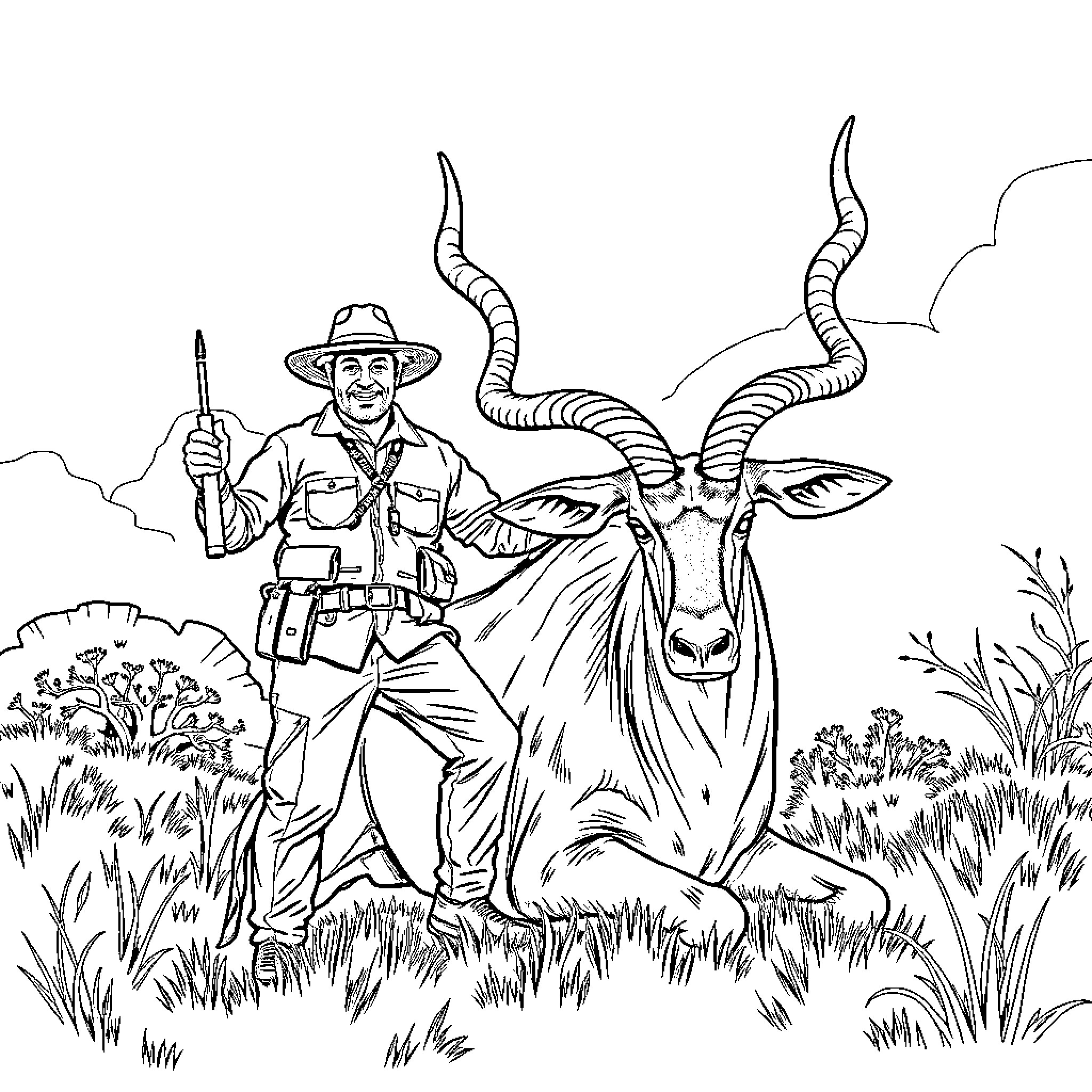 Hunter posing confidently with antelope in the wilderness Coloring Page (free black-and-white line drawing printable PDF for all, from beginners to advanced learners, including children, teens, adults, and seniors)