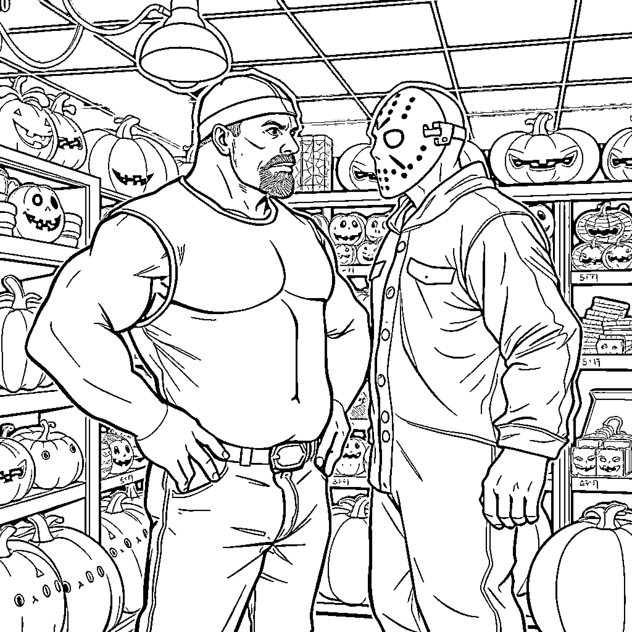Hulk Hogan and Jason Voorhees in Halloween store Coloring Page (free black-and-white line drawing printable PDF for all, from beginners to advanced learners, including children, teens, adults, and seniors)