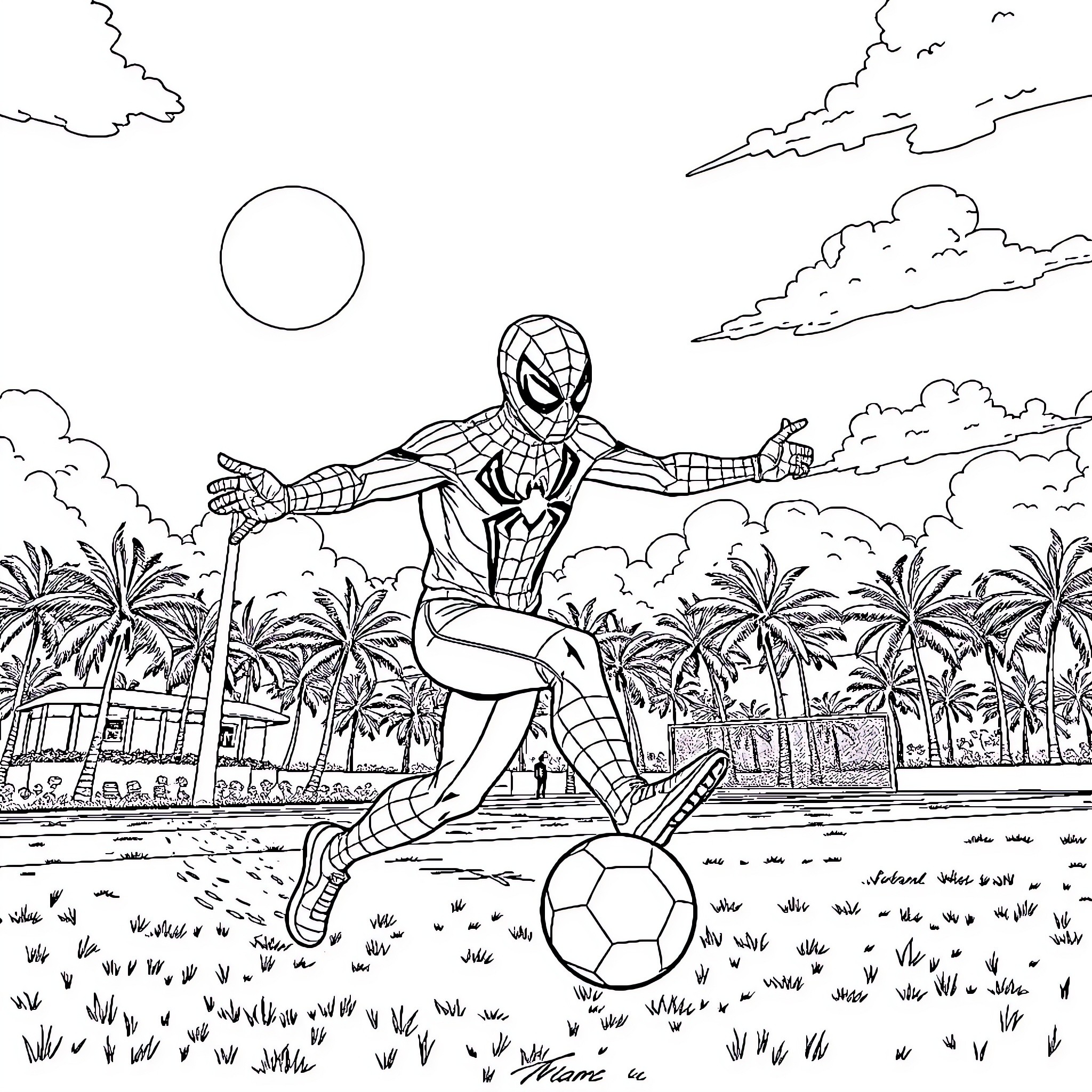 Spiderman playing soccer in a tropical setting Coloring Page (free black-and-white line drawing printable PDF for all, from beginners to advanced learners, including children, teens, adults, and seniors)