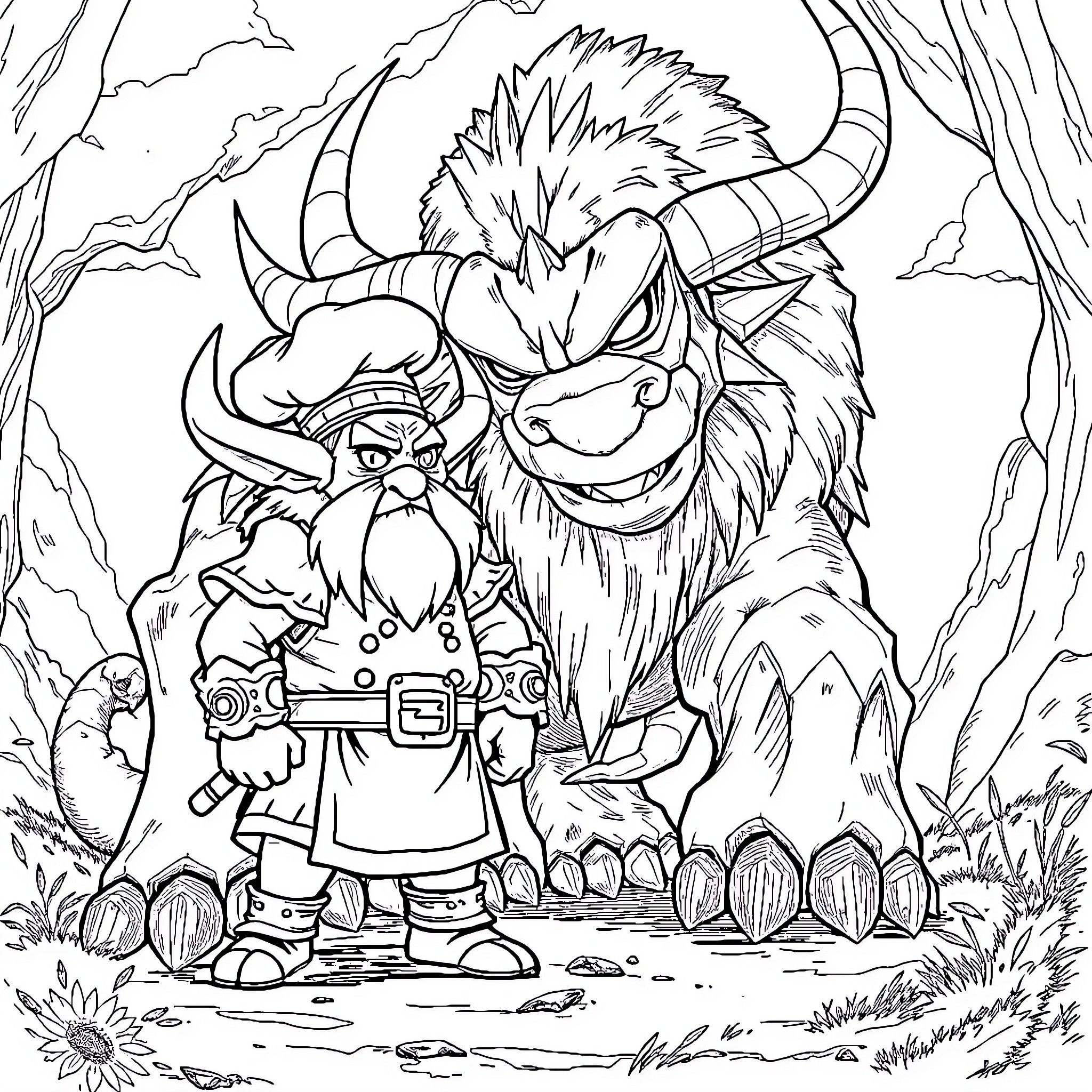 Chef Bokoblin and his monstrous cooking companion Coloring Page (free black-and-white line drawing printable PDF for all, from beginners to advanced learners, including children, teens, adults, and seniors)