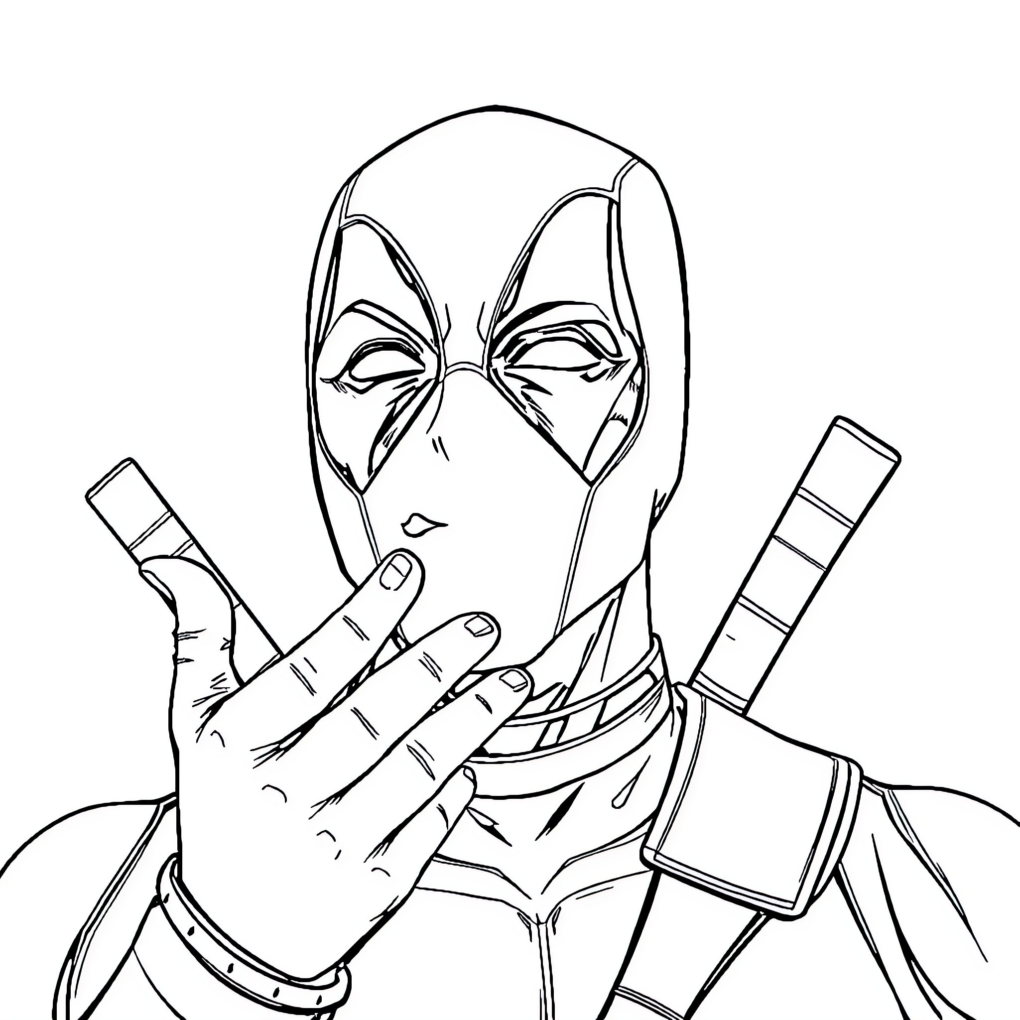 Deadpool displaying hand gesture of defiance Coloring Page (free black-and-white line drawing printable PDF for all, from beginners to advanced learners, including children, teens, adults, and seniors)