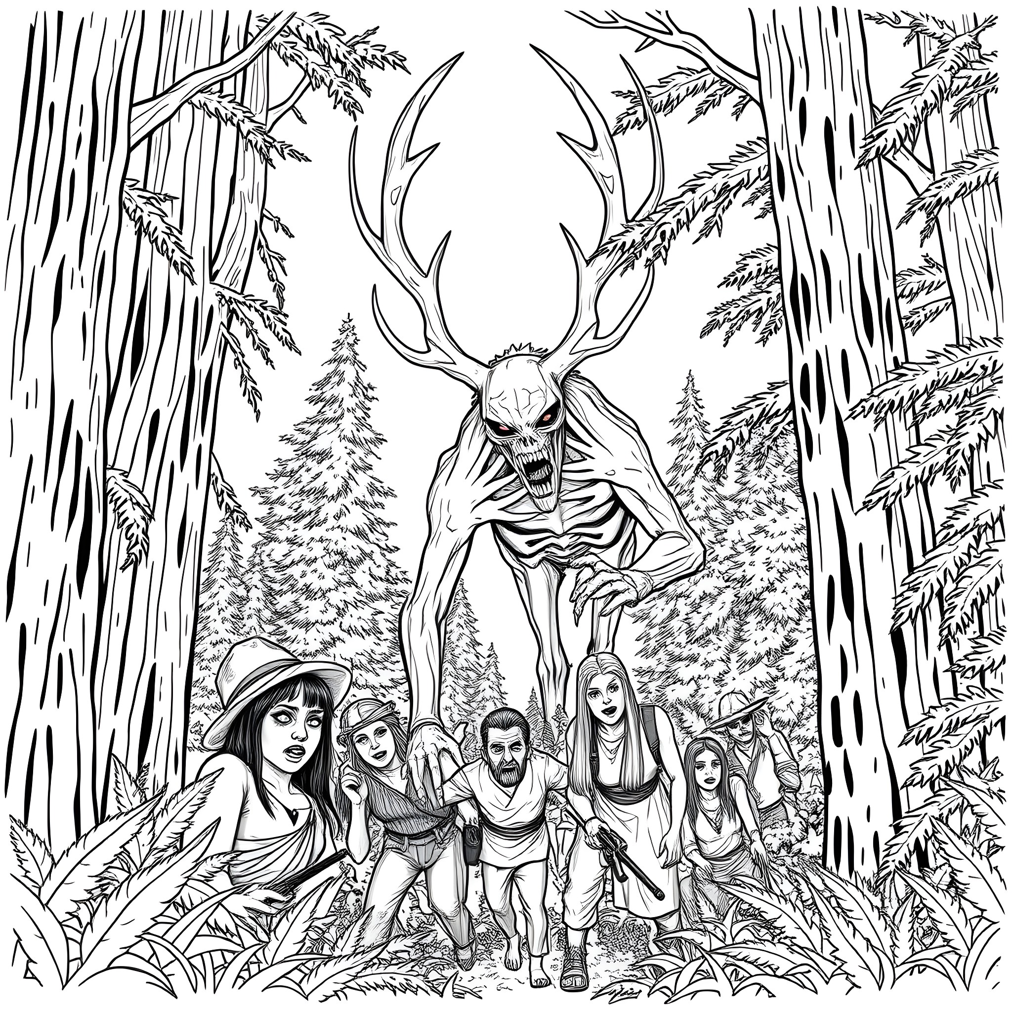 Wendigo Encounters a Group of Frightened Travelers in the Forest Coloring Page (free black-and-white line drawing printable PDF for all, from beginners to advanced learners, including children, teens, adults, and seniors)