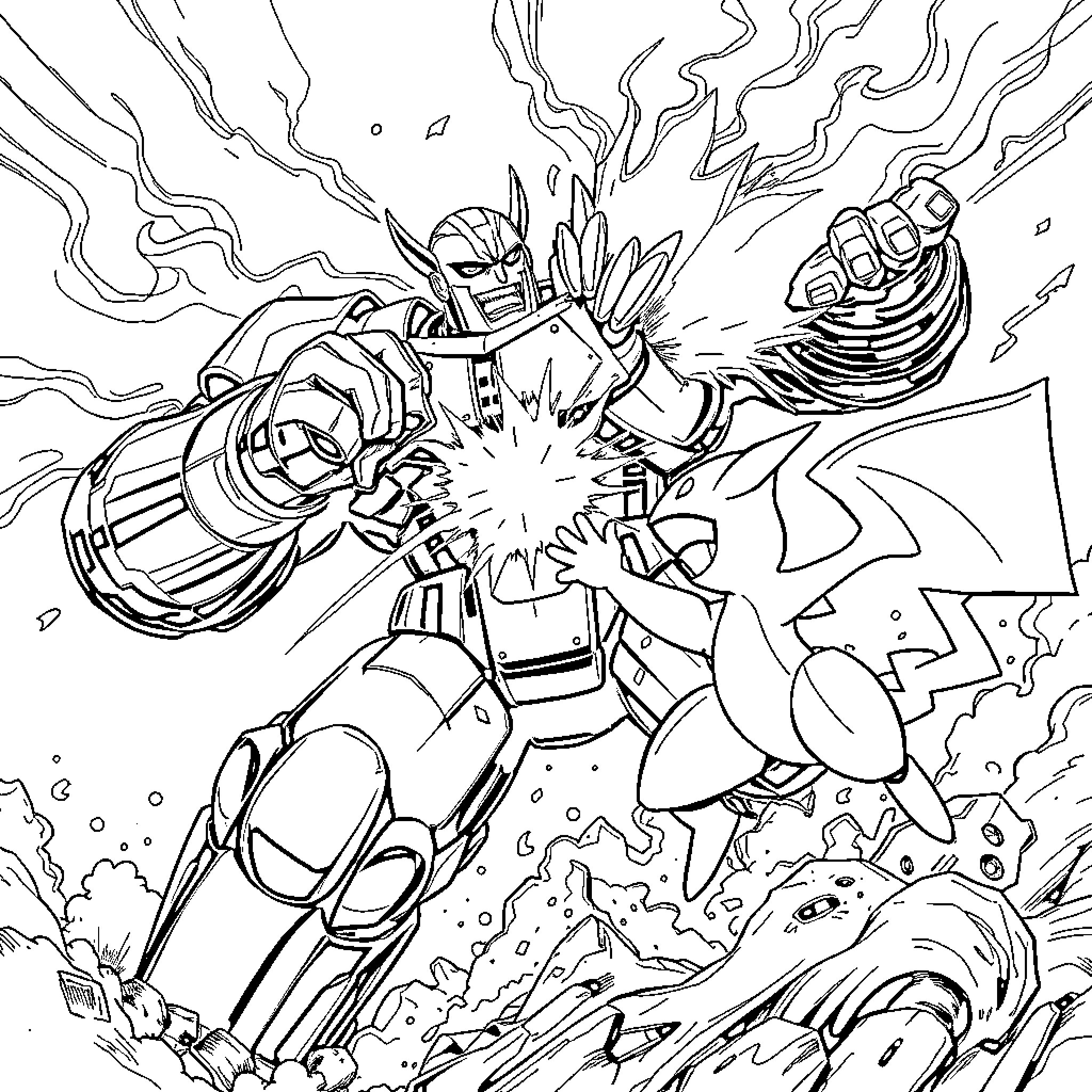 Colossus of Destruction Unleashing Powerful Blast Coloring Page (free black-and-white line drawing printable PDF for all, from beginners to advanced learners, including children, teens, adults, and seniors)