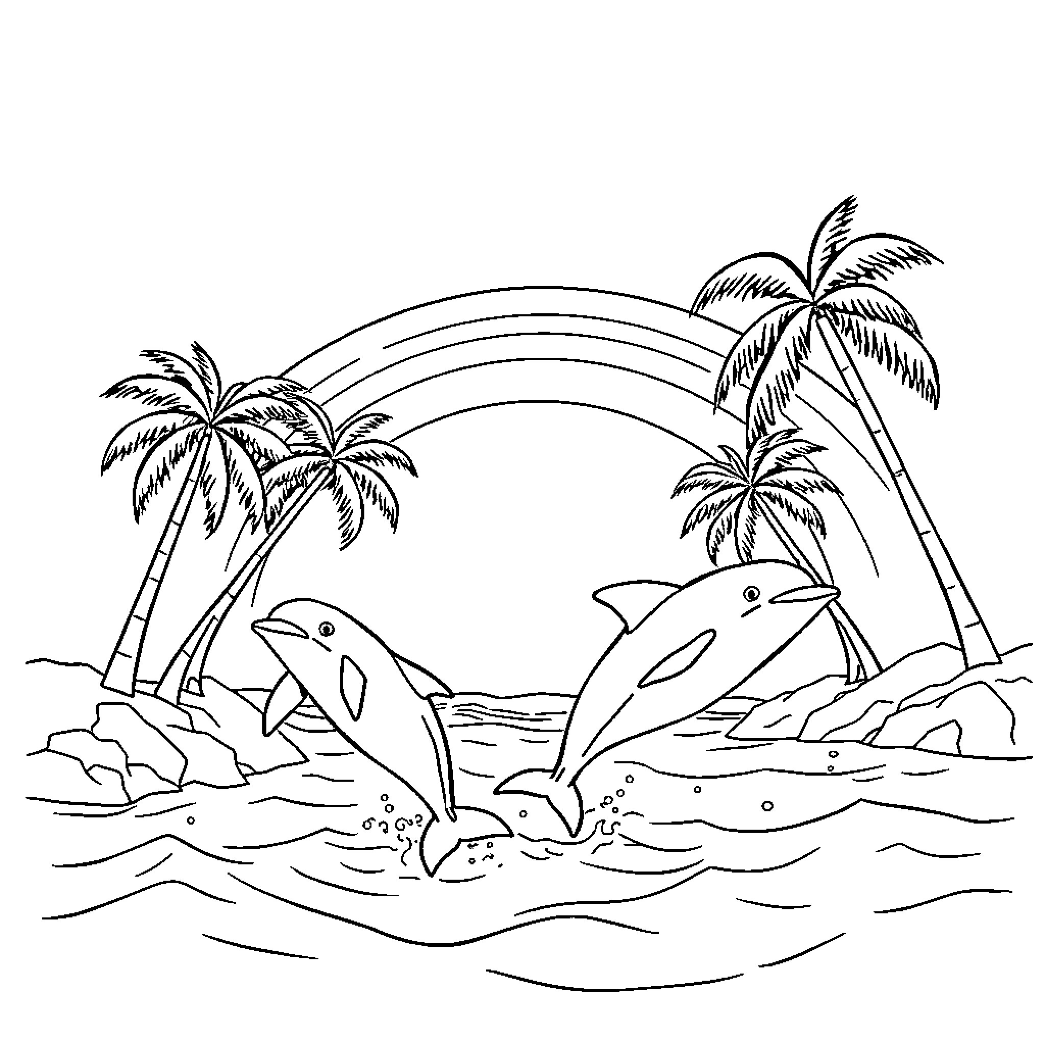 Dolphin Playing in Tropical Paradise Coloring Page (free black-and-white line drawing printable PDF for all, from beginners to advanced learners, including children, teens, adults, and seniors)