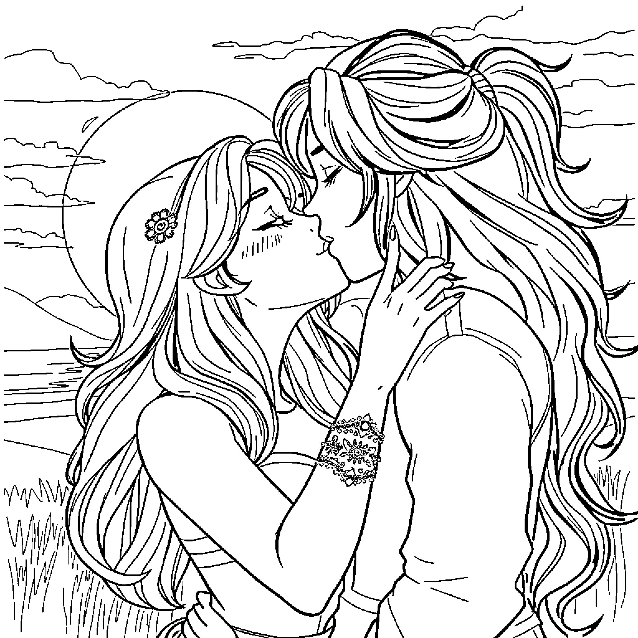 Ember's Tender Embrace in the Meadow Coloring Page (free black-and-white line drawing printable PDF for all, from beginners to advanced learners, including children, teens, adults, and seniors)