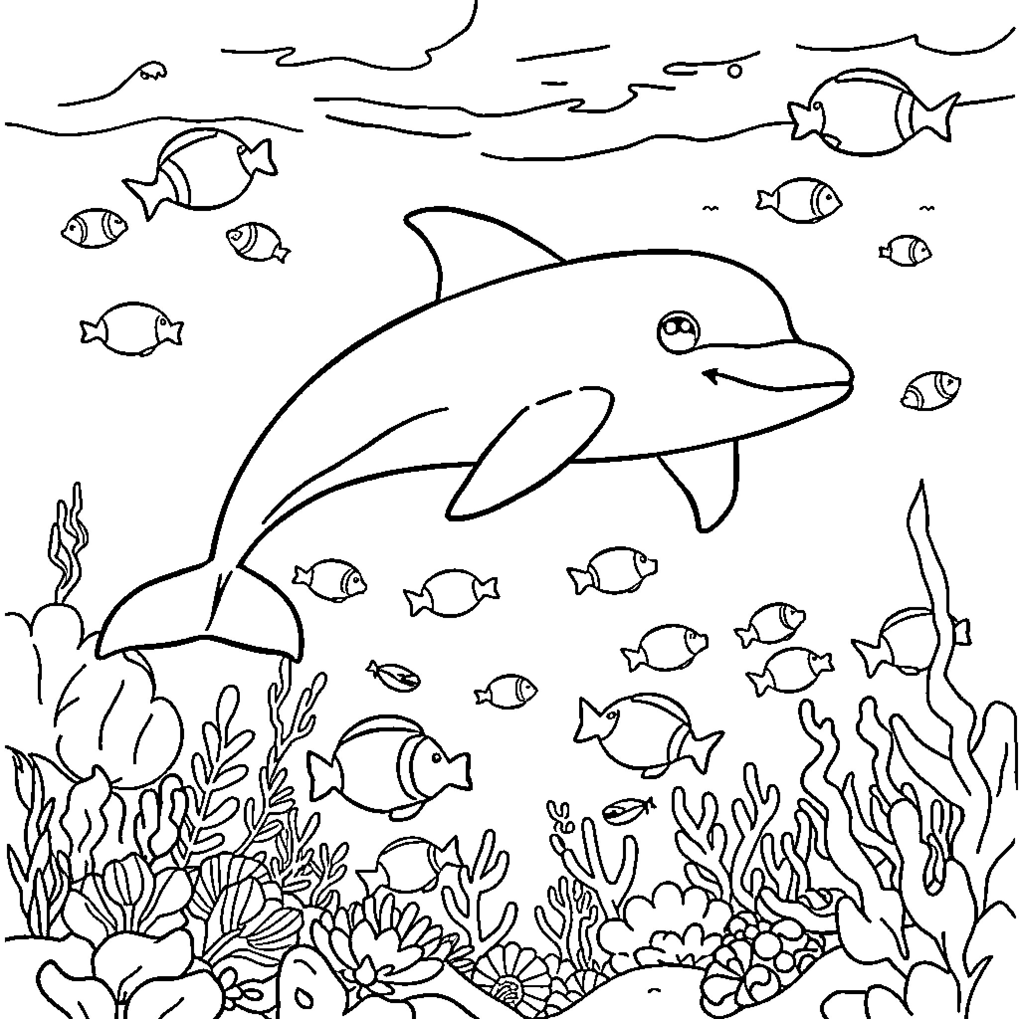 Dolphin swimming among vibrant marine life Coloring Page (free black-and-white line drawing printable PDF for all, from beginners to advanced learners, including children, teens, adults, and seniors)