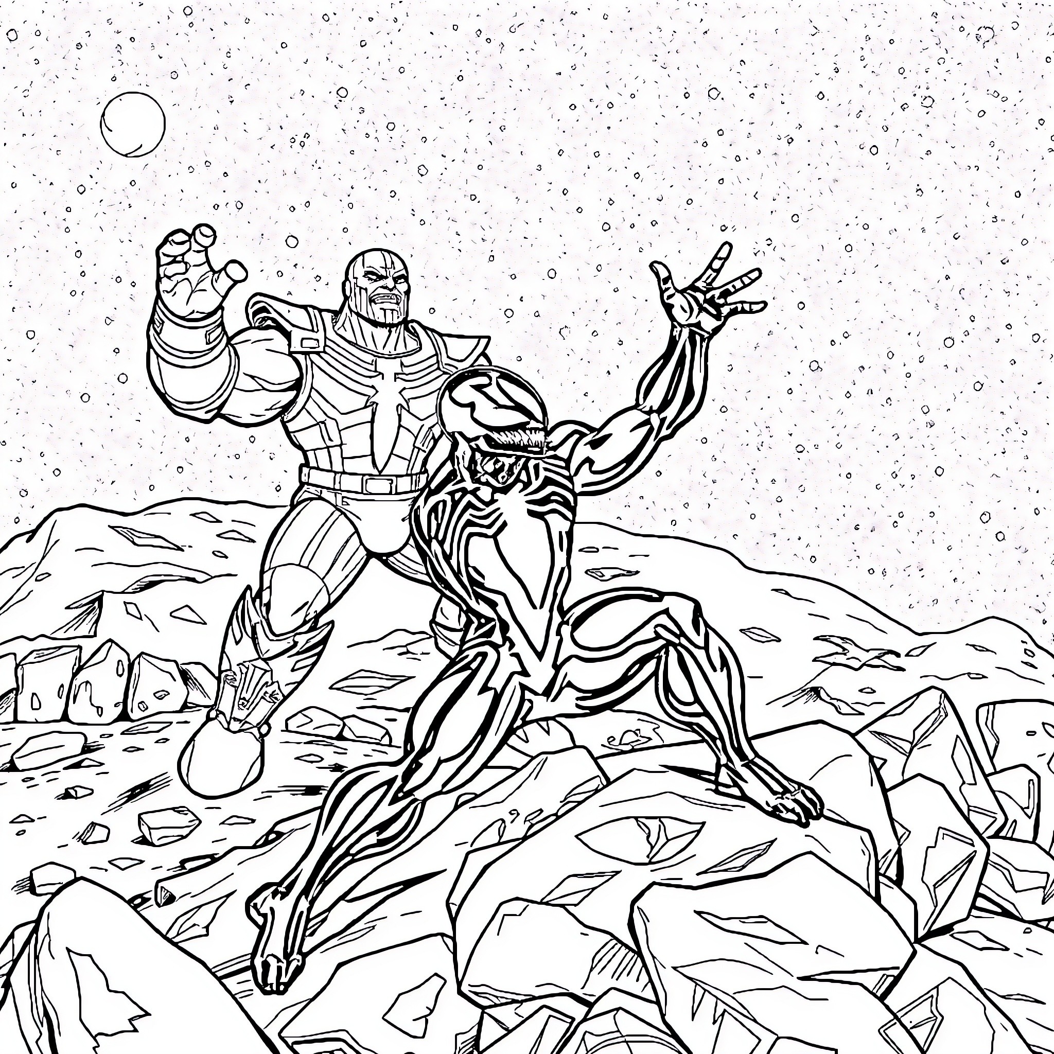 Venom clash with powerful superhero in cosmic setting Coloring Page (free black-and-white line drawing printable PDF for all, from beginners to advanced learners, including children, teens, adults, and seniors)