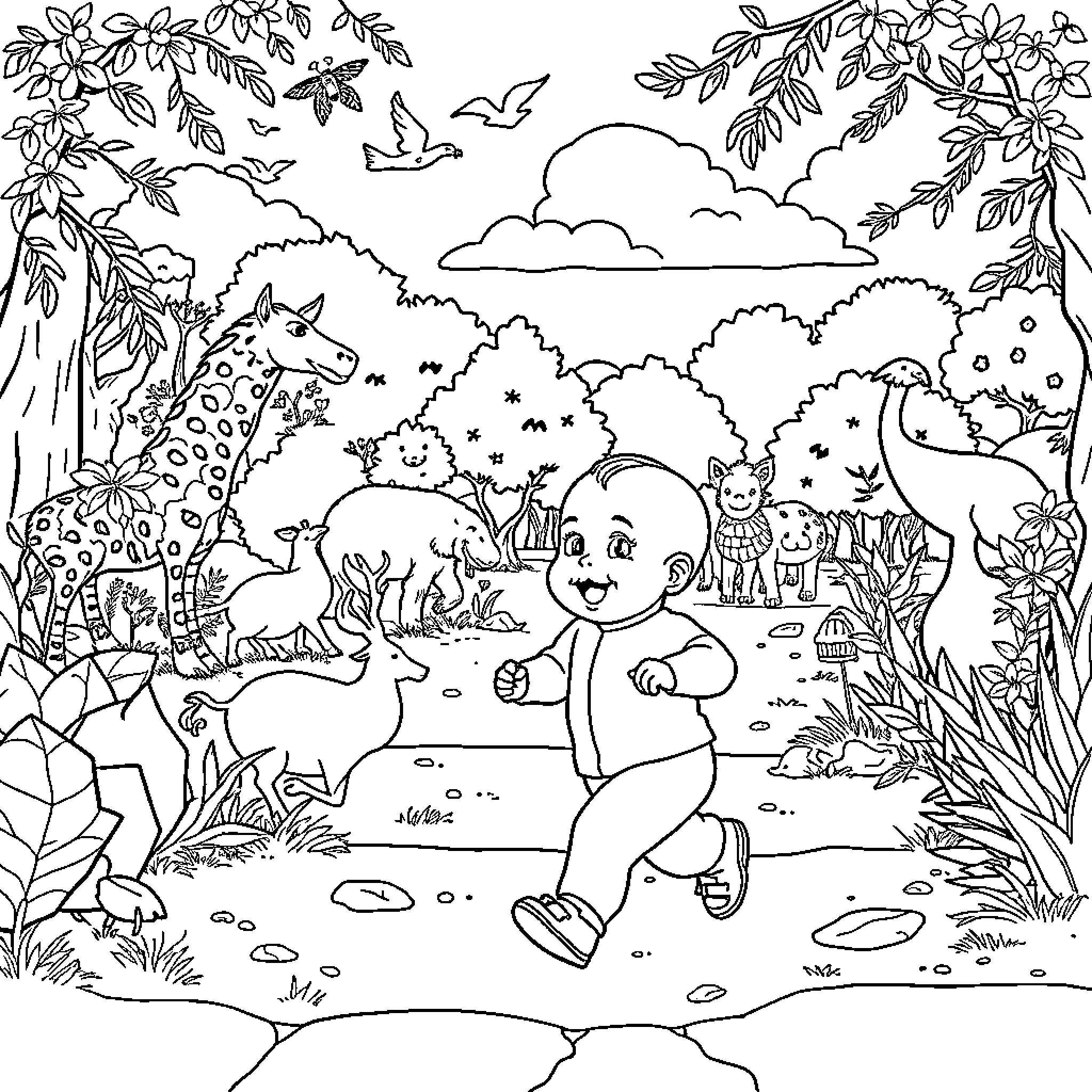Baby exploring the enchanted forest Coloring Page (free black-and-white line drawing printable PDF for all, from beginners to advanced learners, including children, teens, adults, and seniors)