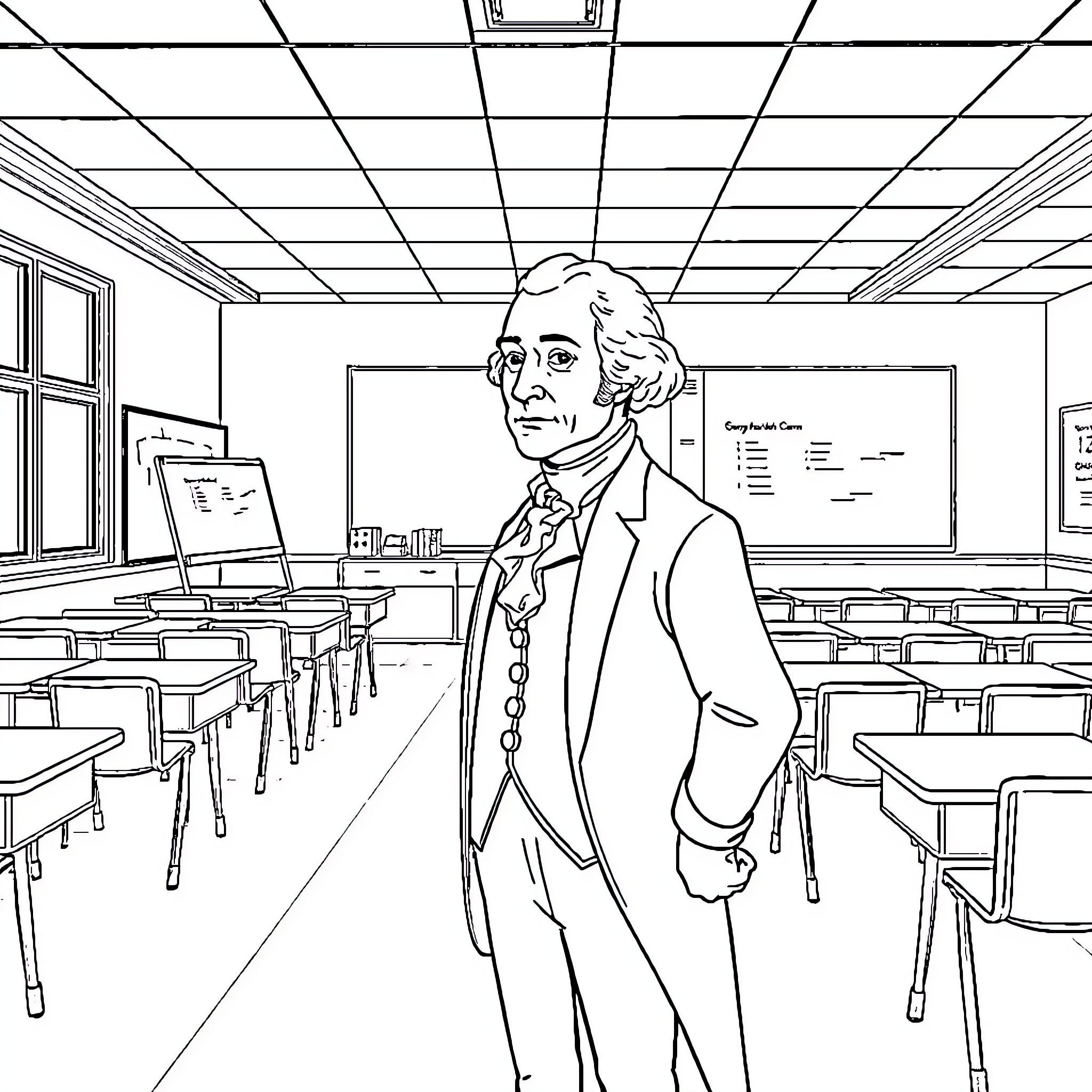 George Washington teaching students in a classroom Coloring Page (free black-and-white line drawing printable PDF for all, from beginners to advanced learners, including children, teens, adults, and seniors)