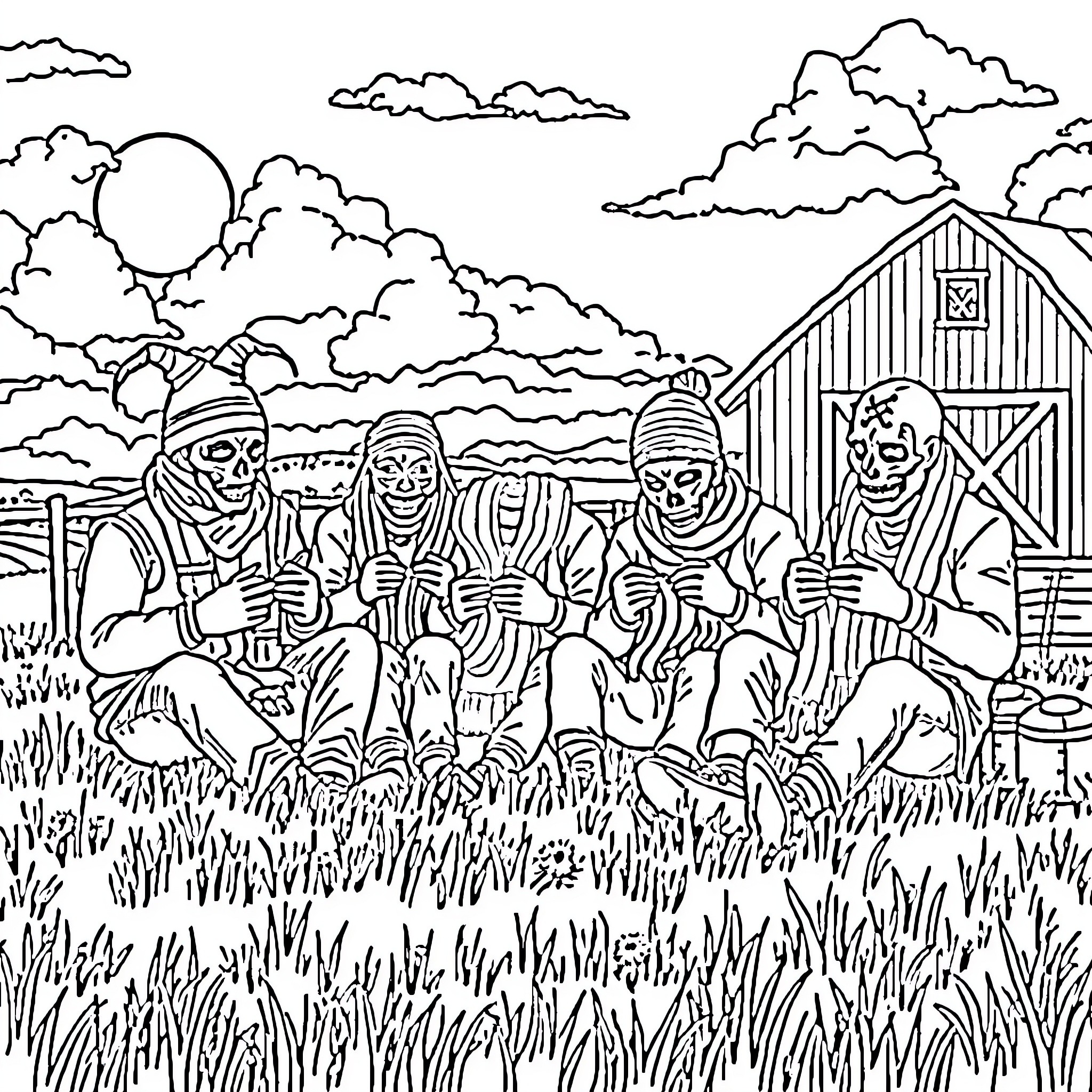 Slipknot's Spooky Harvest Gathering Coloring Page (free black-and-white line drawing printable PDF for all, from beginners to advanced learners, including children, teens, adults, and seniors)