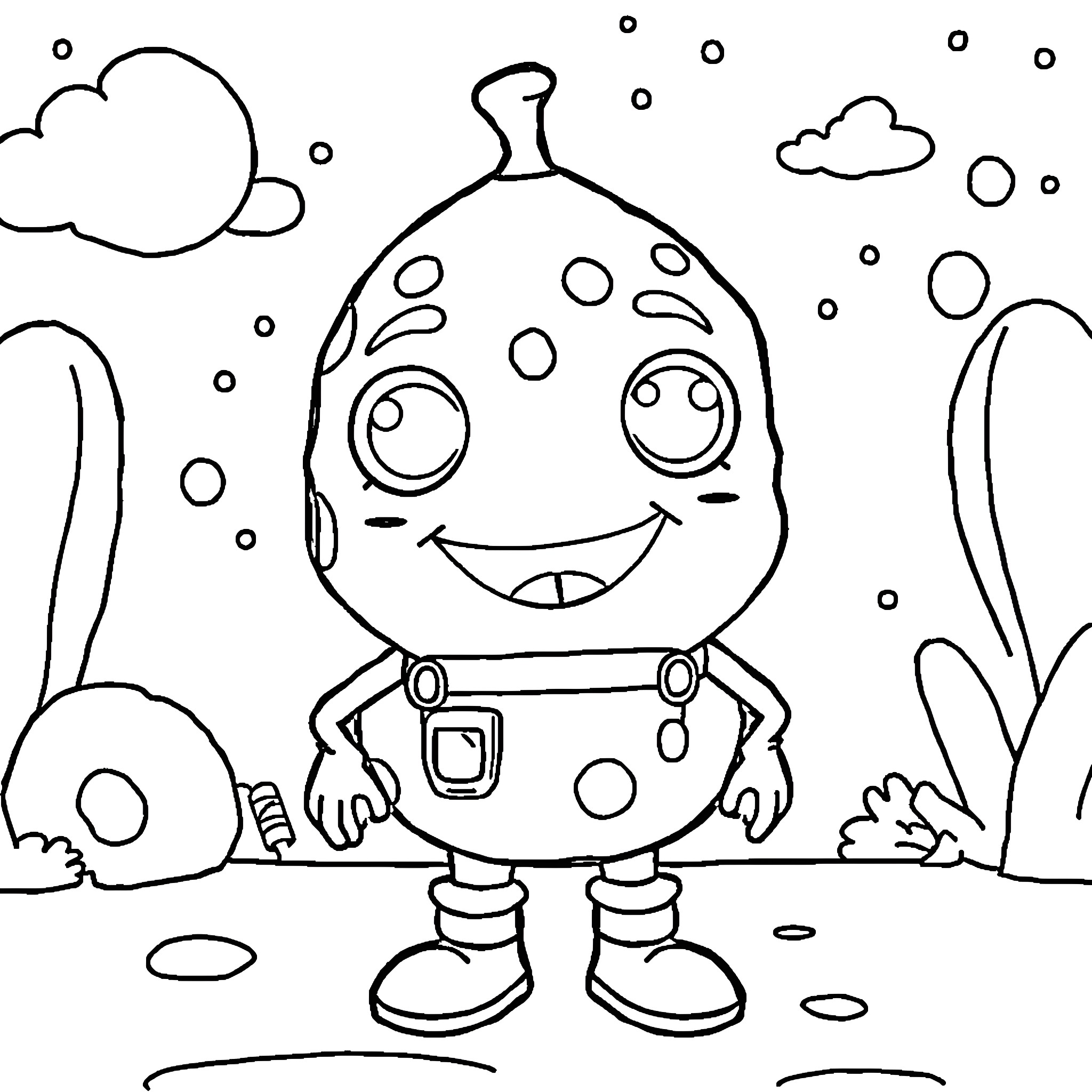 Cookie Alien Exploring Whimsical Landscape Coloring Page (free black-and-white line drawing printable PDF for all, from beginners to advanced learners, including children, teens, adults, and seniors)