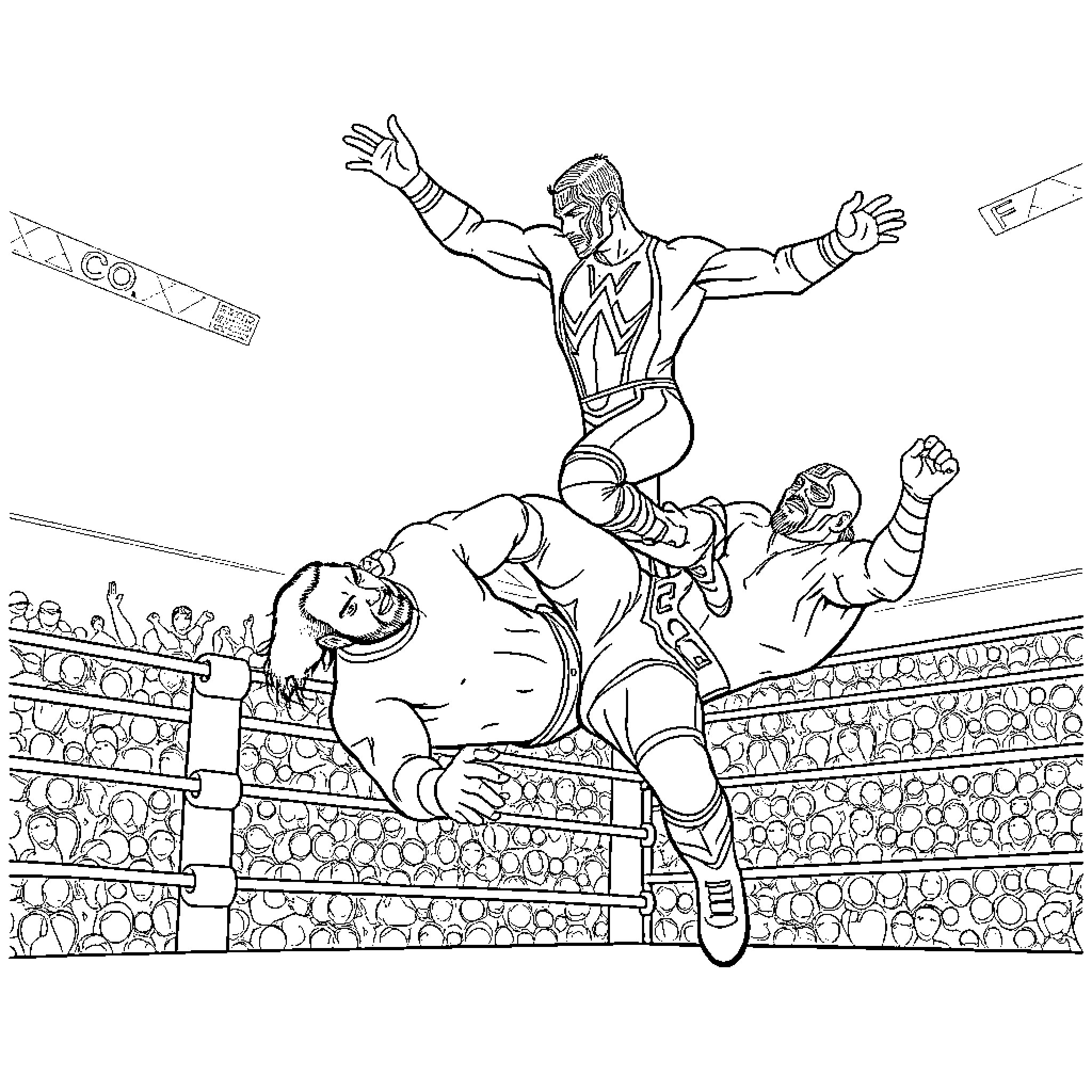 Rey Mysterio Performing a High-Flying Move in the Ring Coloring Page (free black-and-white line drawing printable PDF for all, from beginners to advanced learners, including children, teens, adults, and seniors)