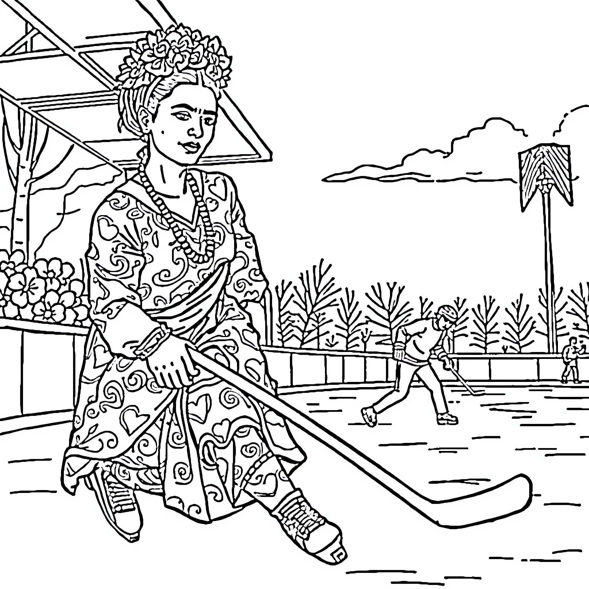 Frida Kahlo playing hockey in a garden setting Coloring Page (free black-and-white line drawing printable PDF for all, from beginners to advanced learners, including children, teens, adults, and seniors)