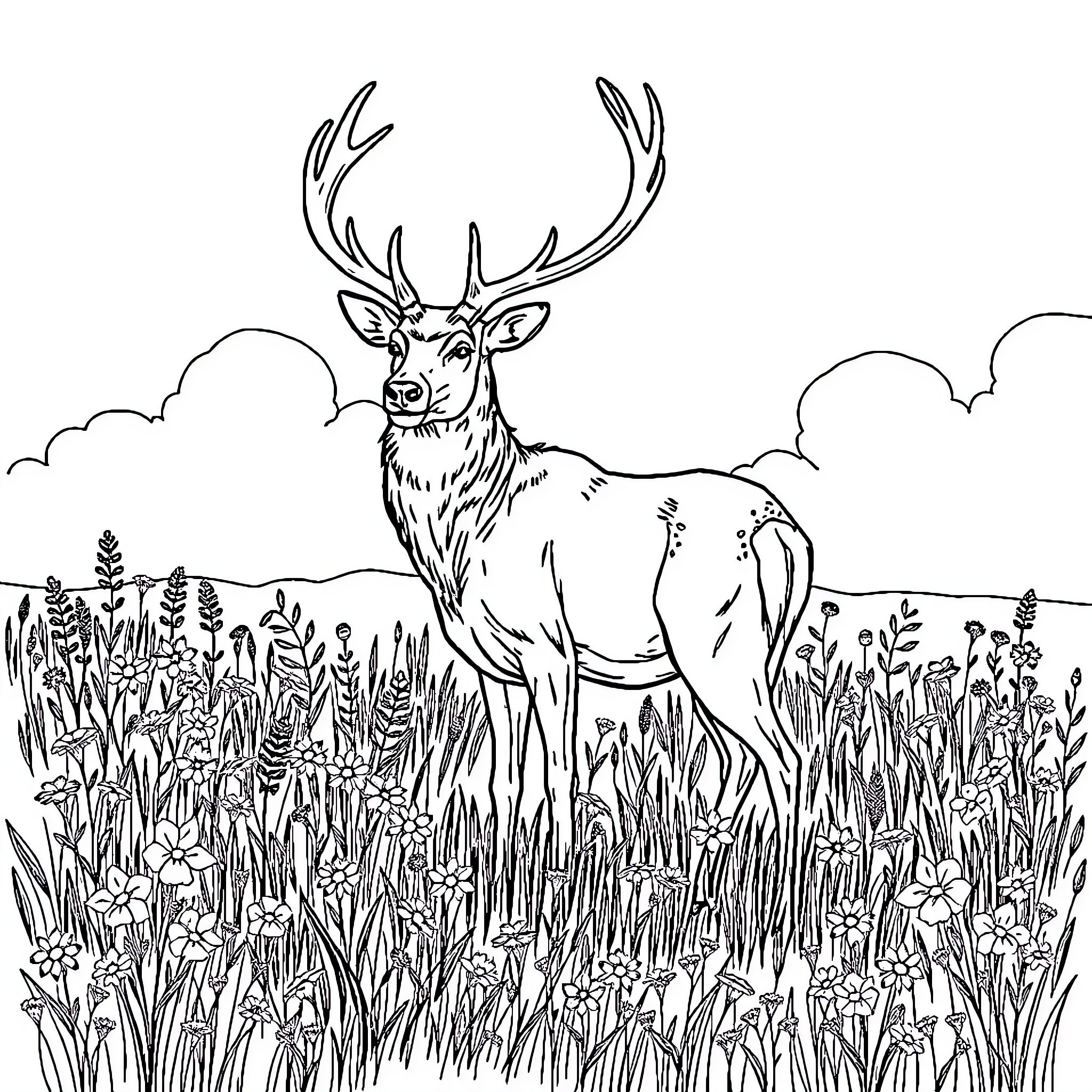 Stag standing majestically in a lush meadow Coloring Page (free black-and-white line drawing printable PDF for all, from beginners to advanced learners, including children, teens, adults, and seniors)