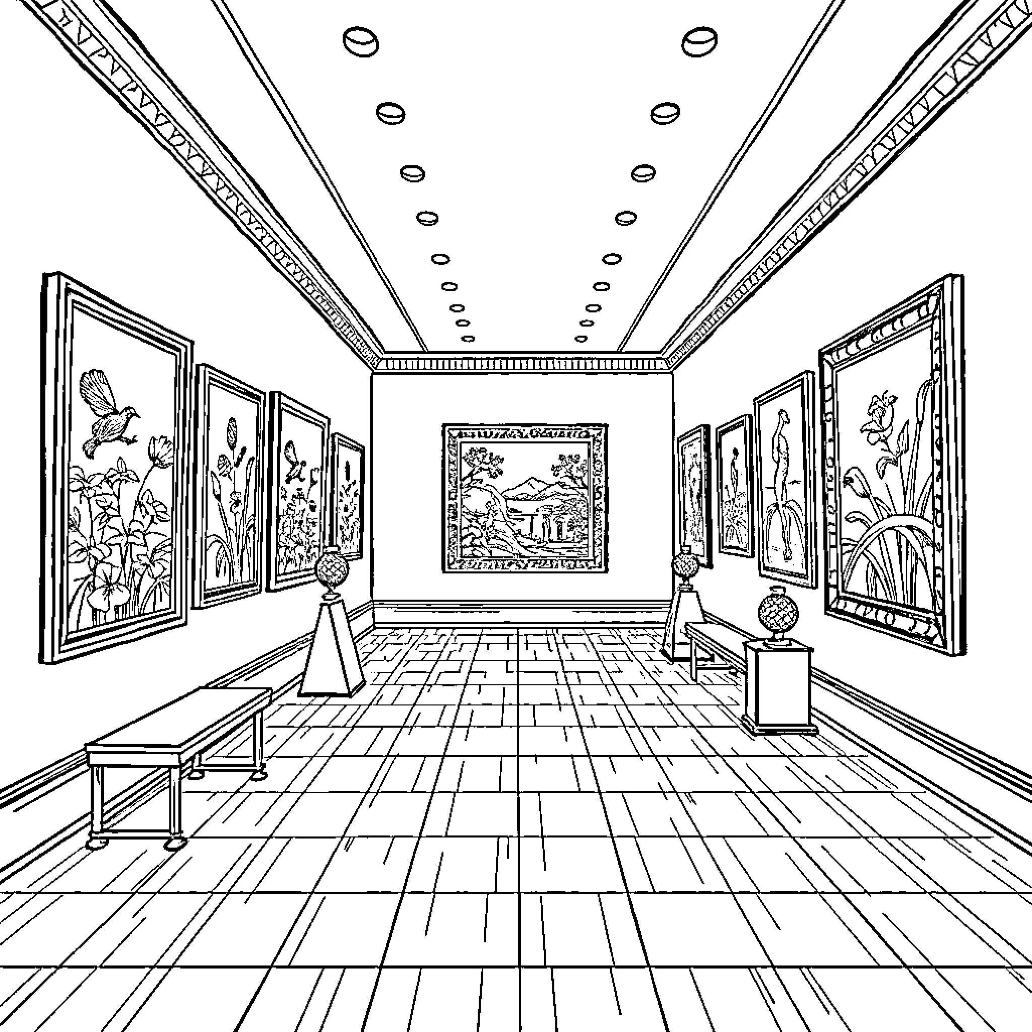 Art Gallery Showcasing Artistic Masterpieces Coloring Page (free black-and-white line drawing printable PDF for all, from beginners to advanced learners, including children, teens, adults, and seniors)