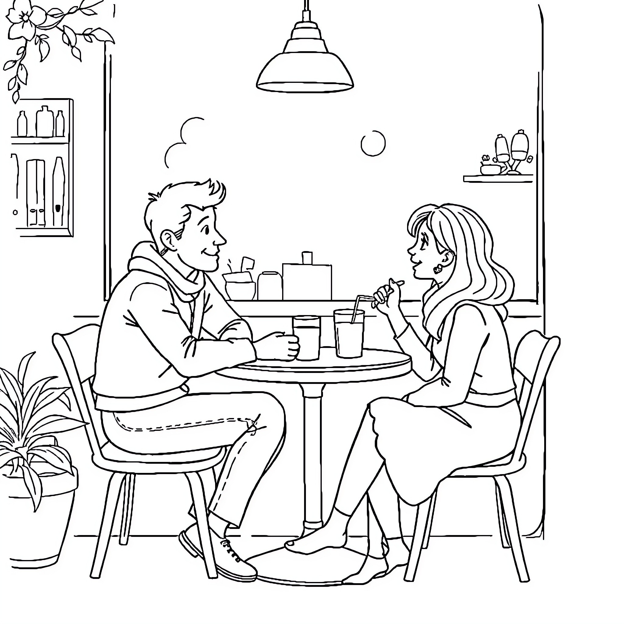 Cat Couple Enjoying Cozy Cafe Conversation Coloring Page (free black-and-white line drawing printable PDF for all, from beginners to advanced learners, including children, teens, adults, and seniors)
