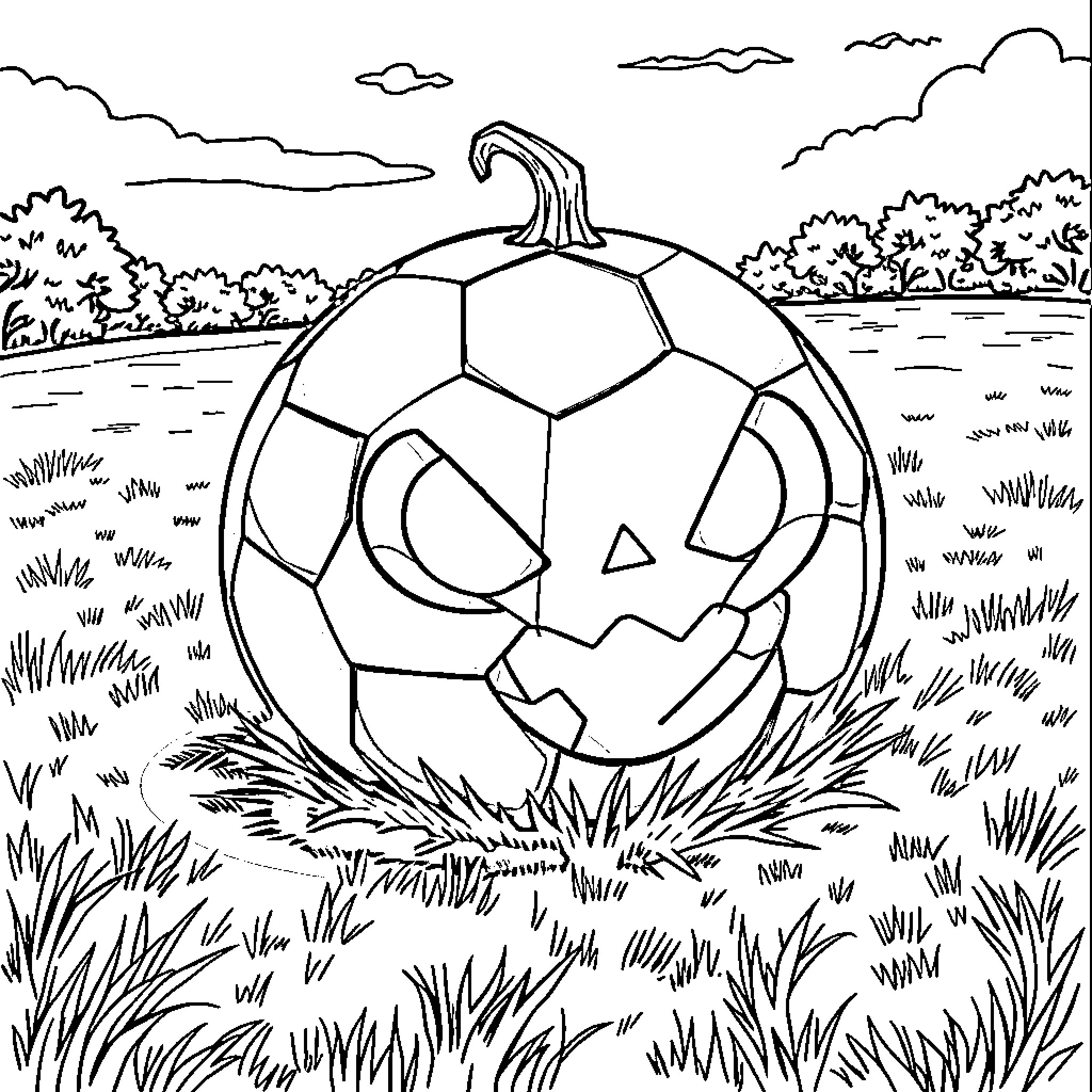 Jackolantern soccer ball in autumn meadow Coloring Page (free black-and-white line drawing printable PDF for all, from beginners to advanced learners, including children, teens, adults, and seniors)