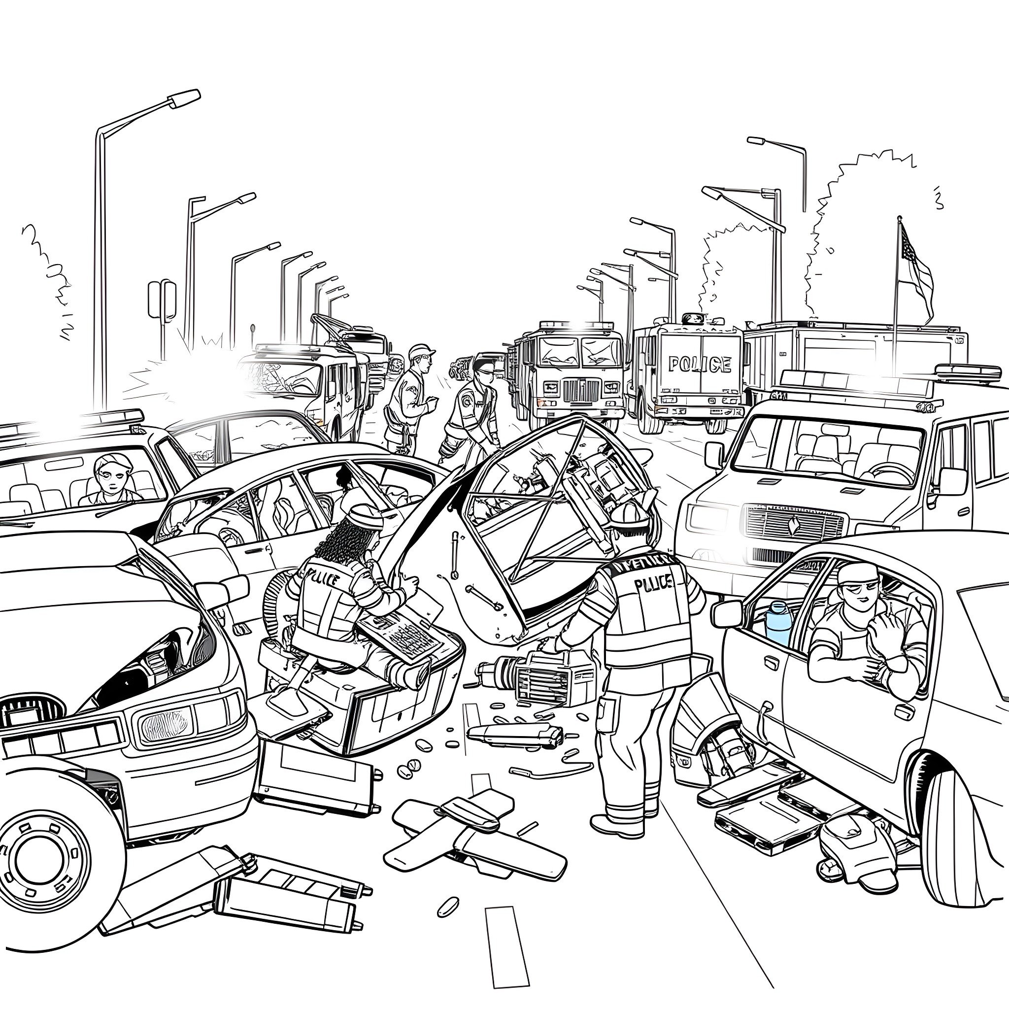 Car Accident Scene with Emergency Responders Coloring Page (free black-and-white line drawing printable PDF for all, from beginners to advanced learners, including children, teens, adults, and seniors)