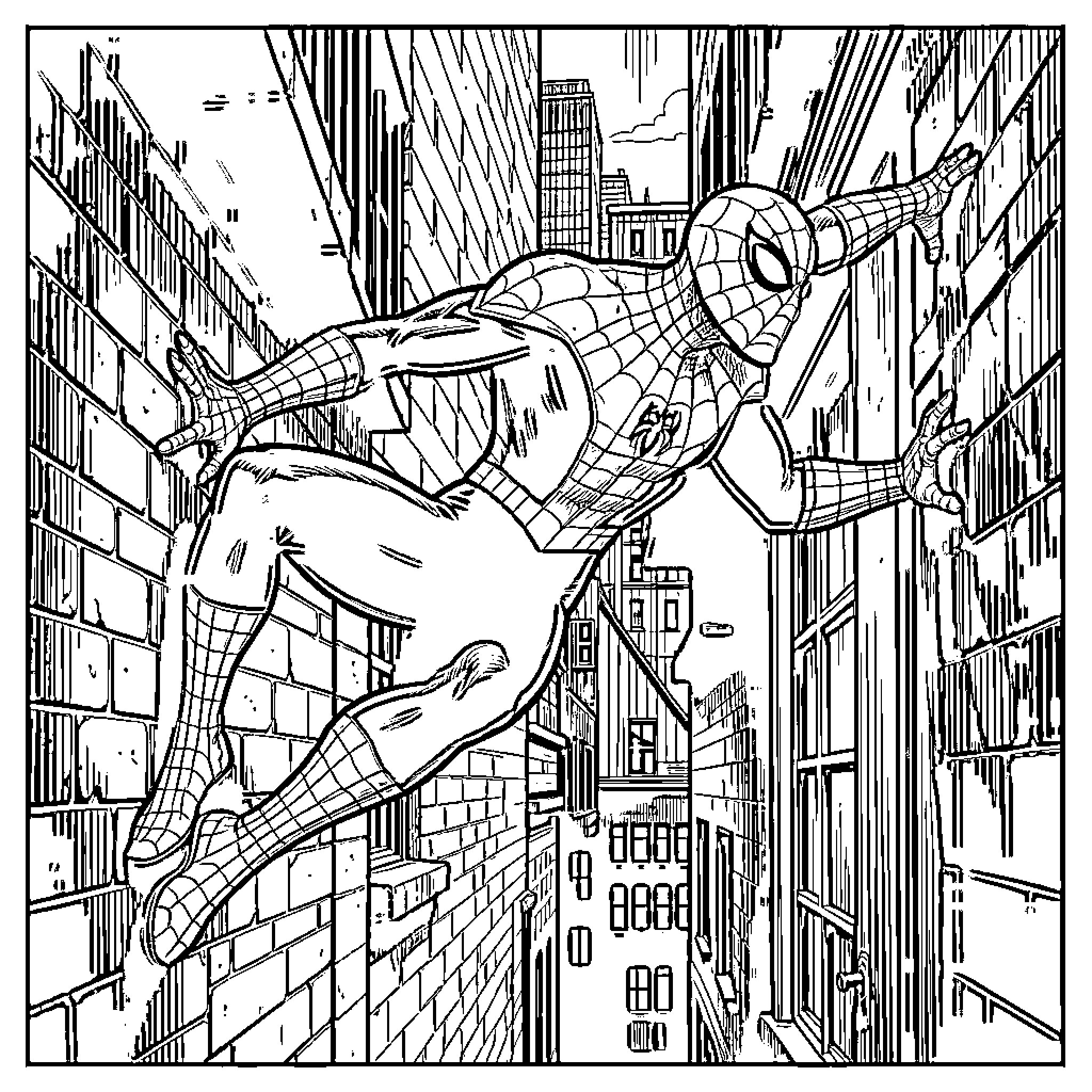 Spiderman climbing up the side of a tall building Coloring Page (free black-and-white line drawing printable PDF for all, from beginners to advanced learners, including children, teens, adults, and seniors)