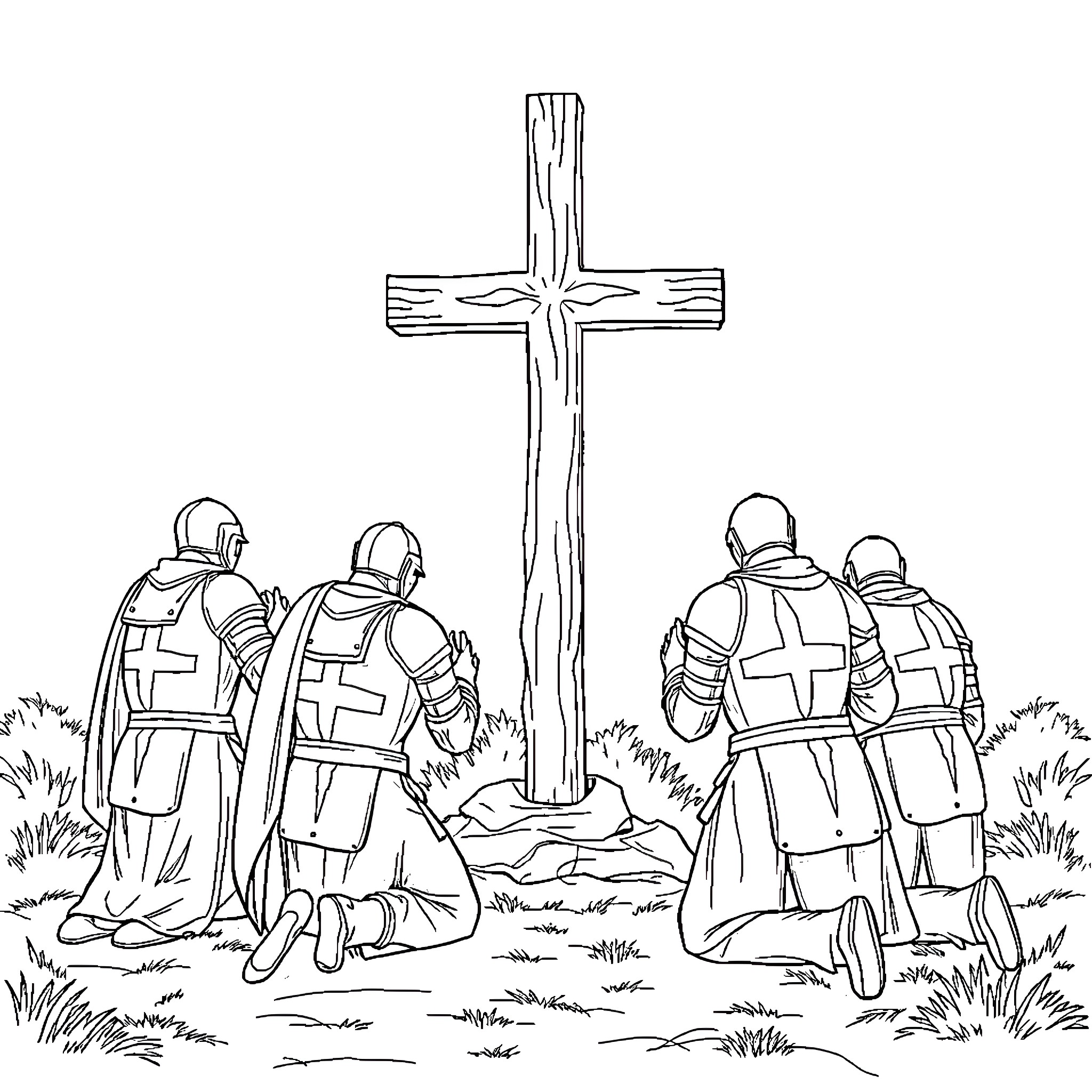Knight Kneeling before Wooden Cross in Solemn Ceremony Coloring Page (free black-and-white line drawing printable PDF for all, from beginners to advanced learners, including children, teens, adults, and seniors)