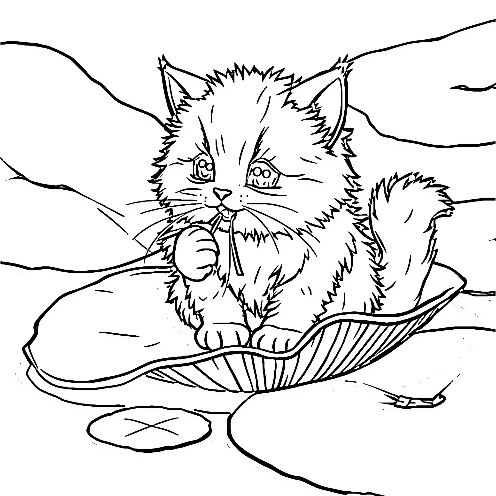Cat in a cozy basket Coloring Page (free black-and-white line drawing printable PDF for all, from beginners to advanced learners, including children, teens, adults, and seniors)