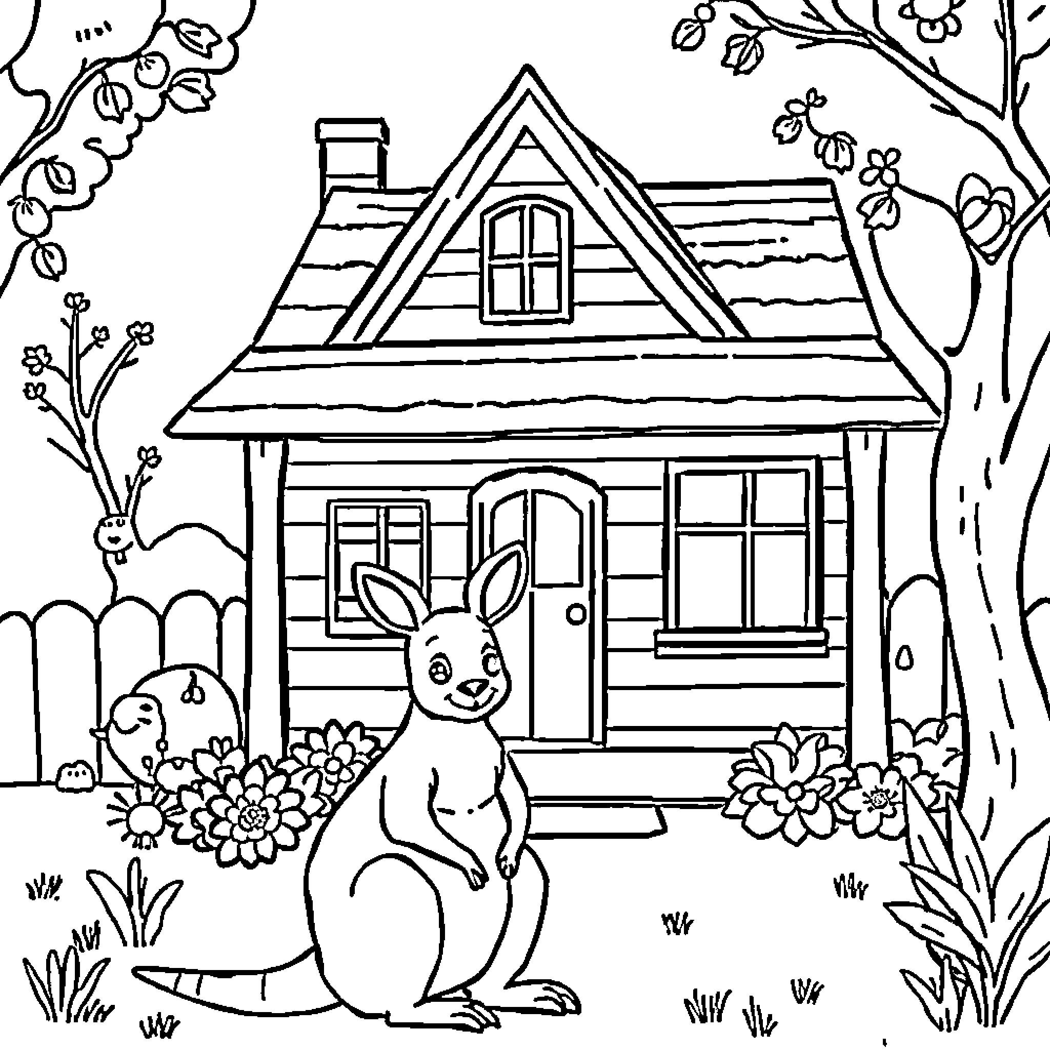 House with a rabbit in a garden Coloring Page (free black-and-white line drawing printable PDF for all, from beginners to advanced learners, including children, teens, adults, and seniors)