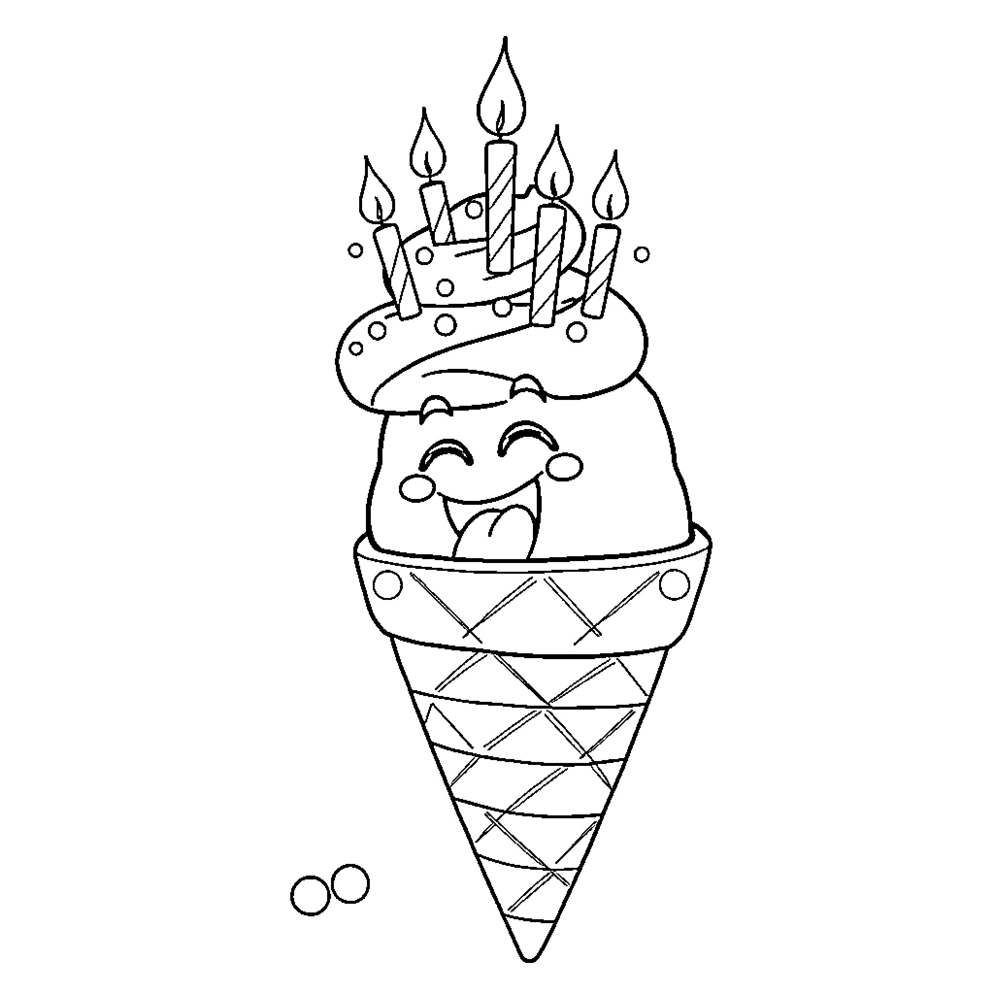 Ice Cream Cone with Candles and a Smiley Face Coloring Page (free black-and-white line drawing printable PDF for all, from beginners to advanced learners, including children, teens, adults, and seniors)