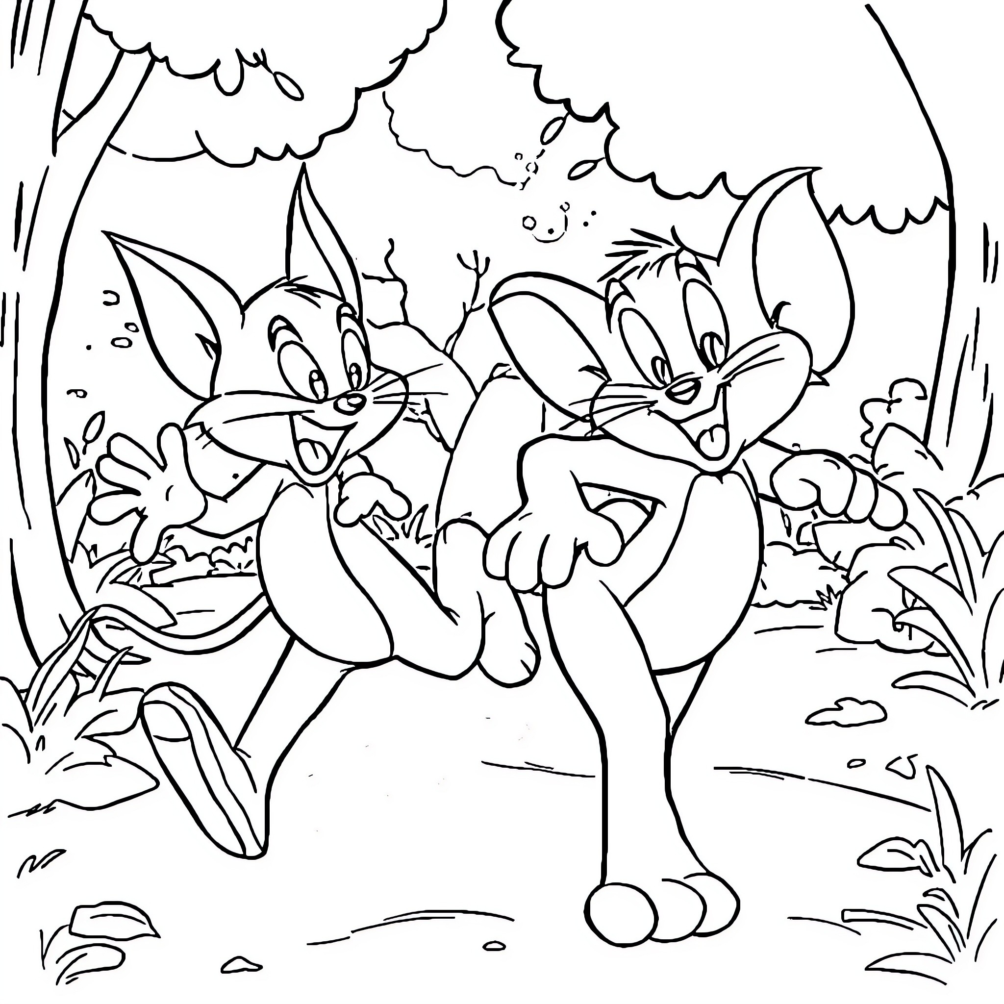 Tom & Jerry Chasing Adventure in the Woods Coloring Page (free black-and-white line drawing printable PDF for all, from beginners to advanced learners, including children, teens, adults, and seniors)