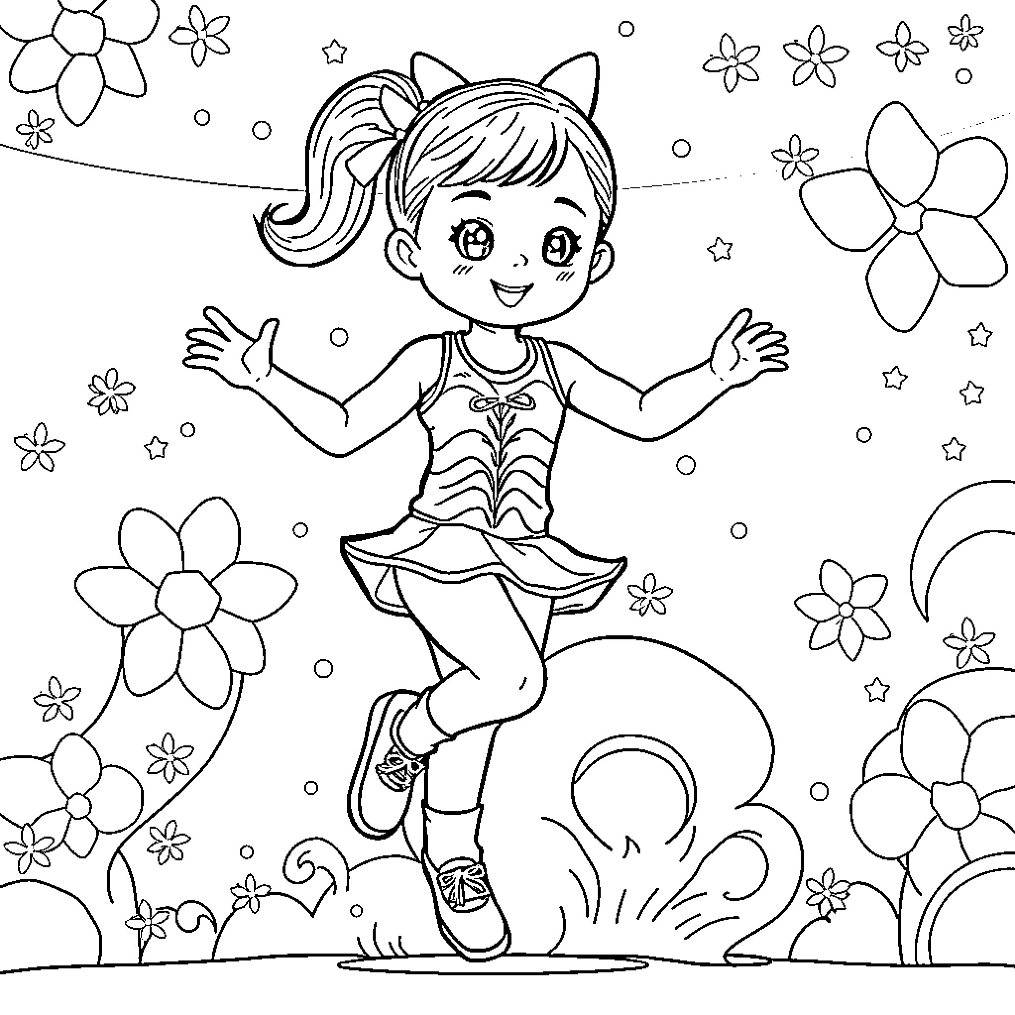 Girl joyfully dancing in a flower-filled scene Coloring Page (free black-and-white line drawing printable PDF for all, from beginners to advanced learners, including children, teens, adults, and seniors)