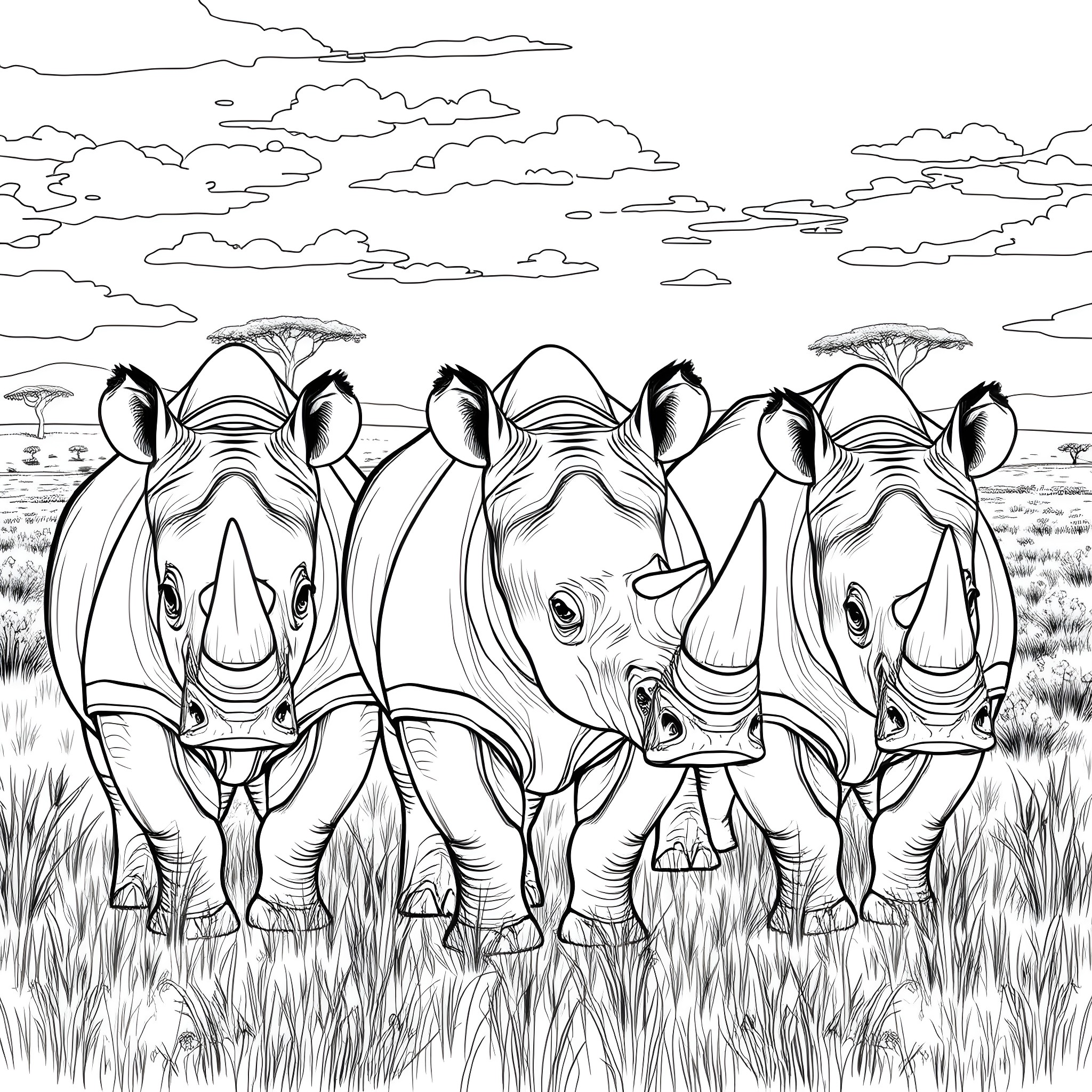 Rhinoceros herd grazing in the grassland Coloring Page (free black-and-white line drawing printable PDF for all, from beginners to advanced learners, including children, teens, adults, and seniors)