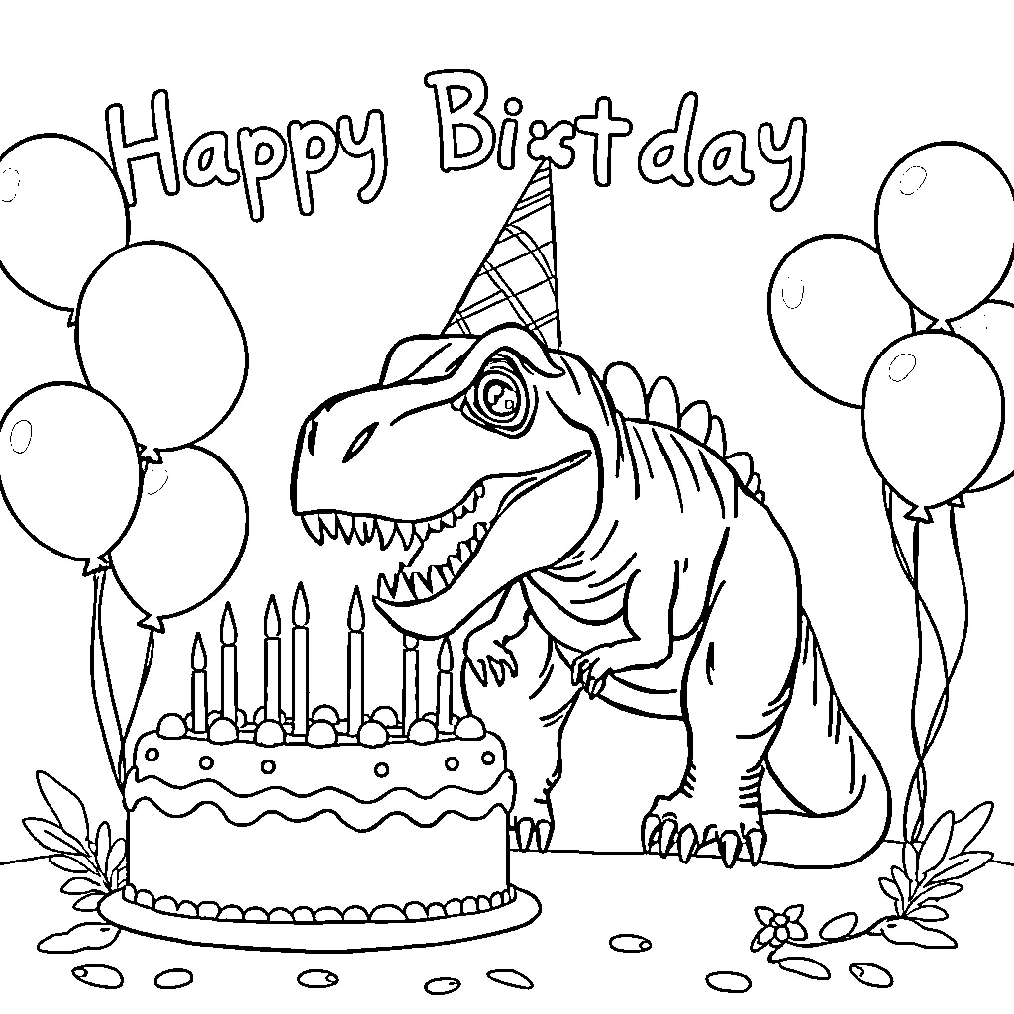 Indominus Rex celebrates birthday with cake and balloons Coloring Page (free black-and-white line drawing printable PDF for all, from beginners to advanced learners, including children, teens, adults, and seniors)