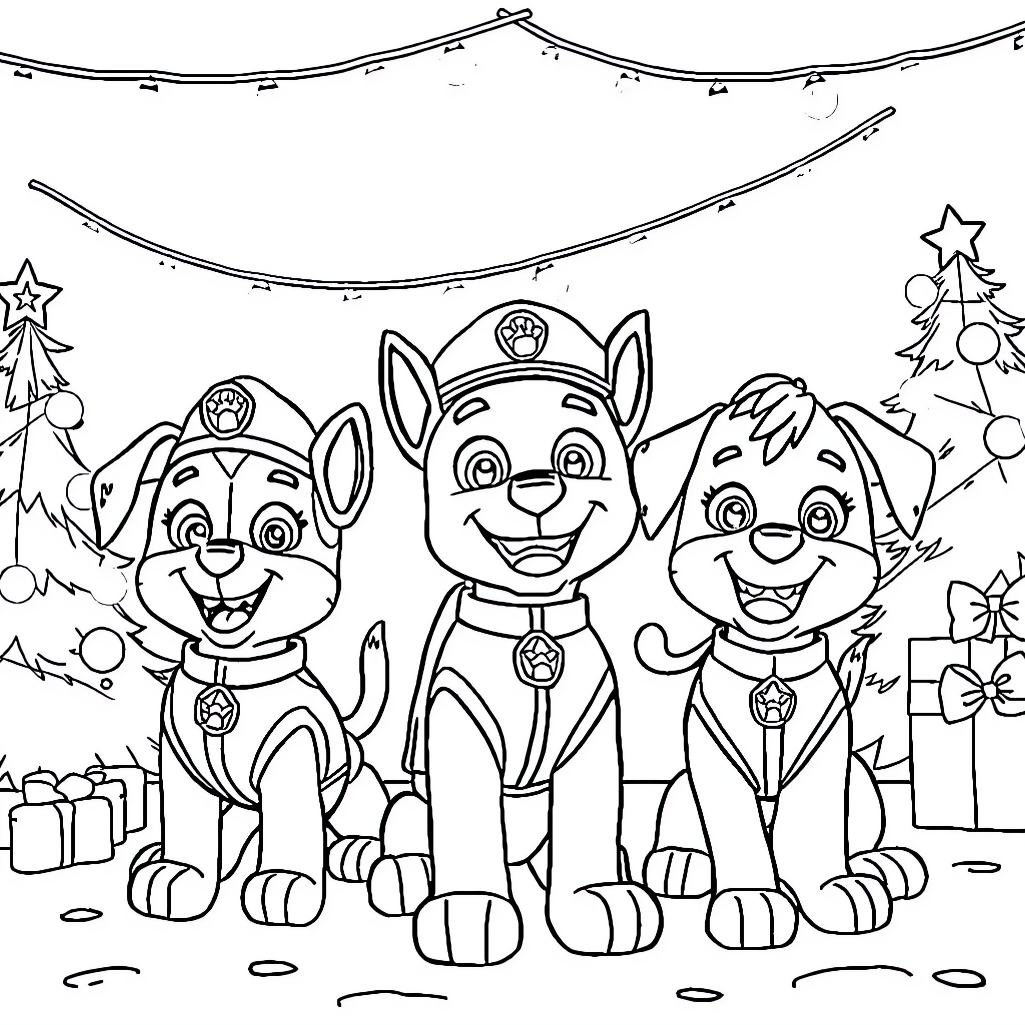 Dog Pups Enjoying Christmas in Festive Scene Coloring Page (free black-and-white line drawing printable PDF for all, from beginners to advanced learners, including children, teens, adults, and seniors)