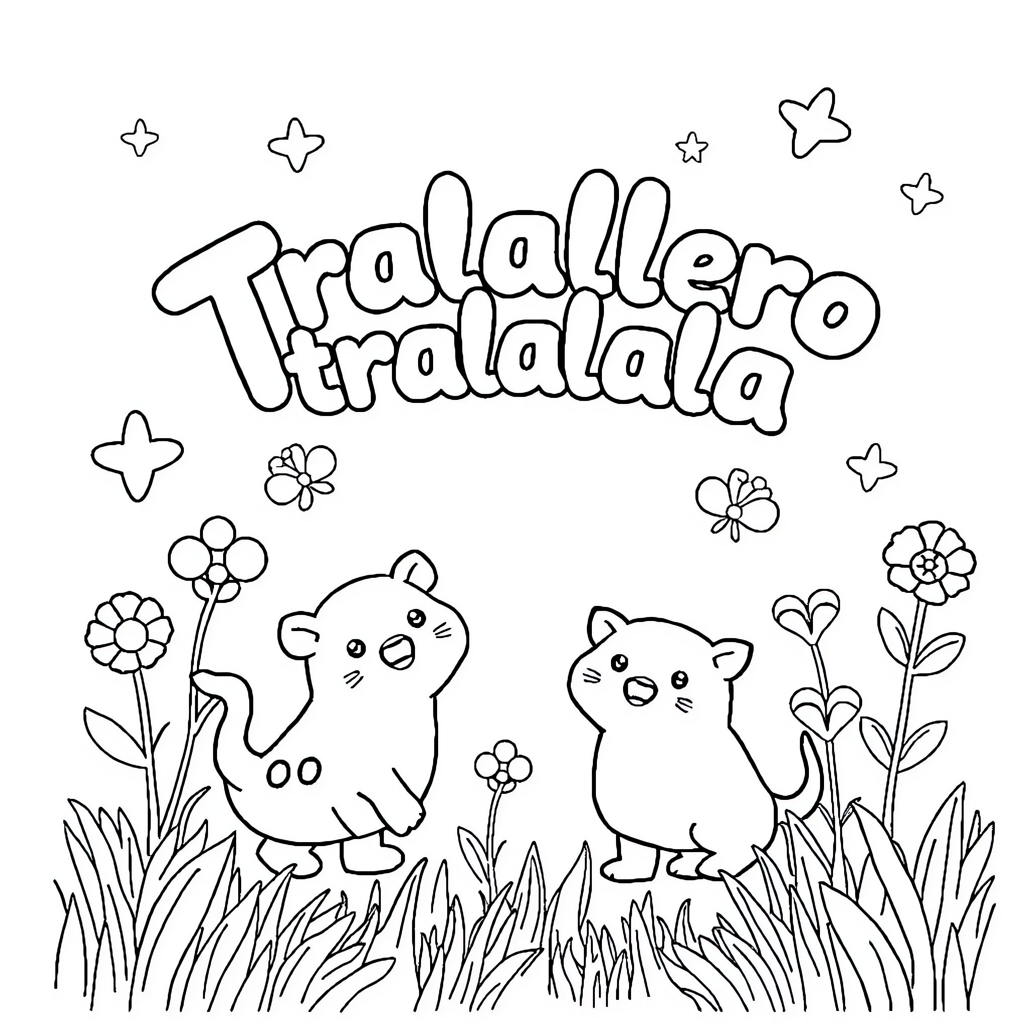 Tralalero Cats and Flowers in the Meadow Coloring Page (free black-and-white line drawing printable PDF for all, from beginners to advanced learners, including children, teens, adults, and seniors)