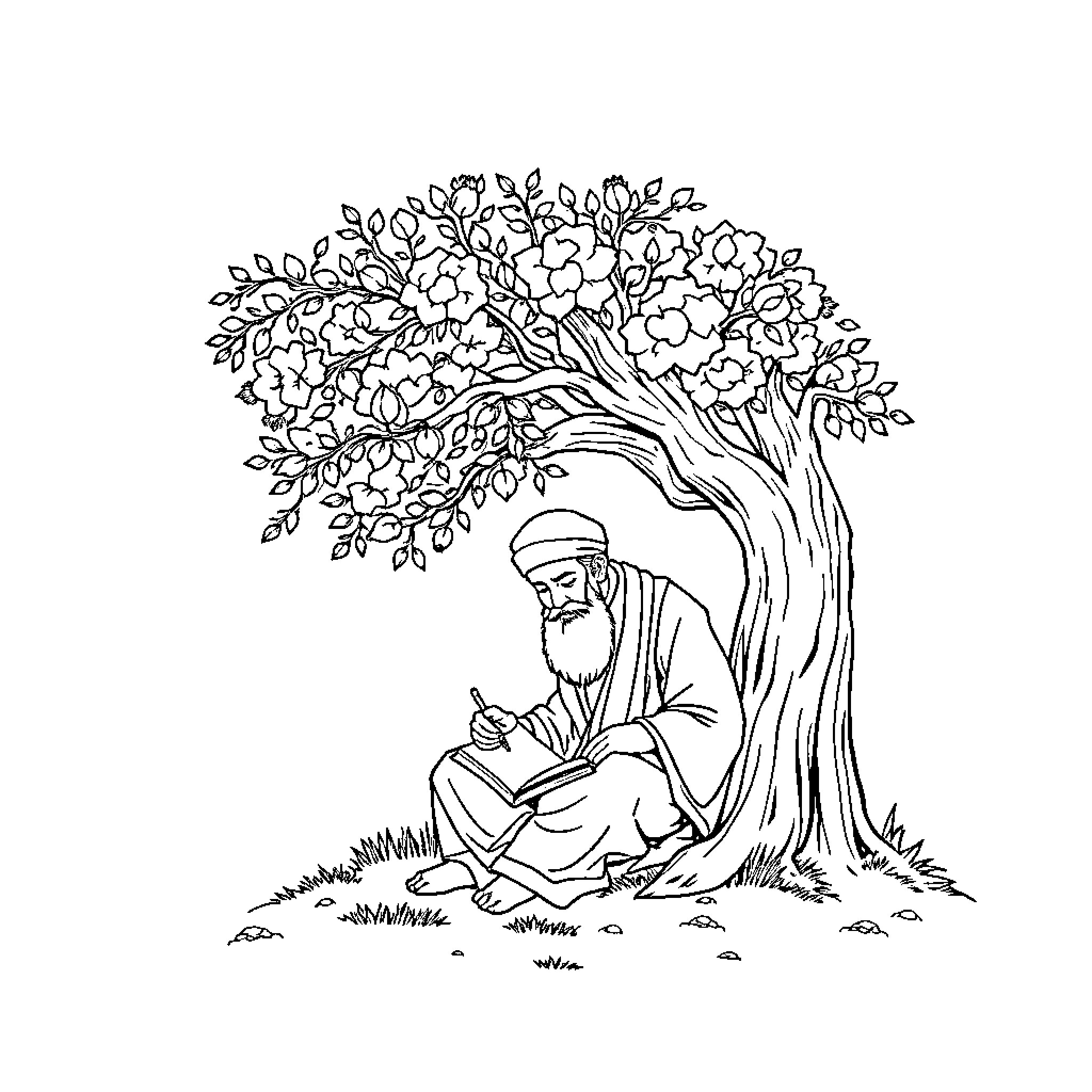 Rumi meditating peacefully under a blooming tree Coloring Page (free black-and-white line drawing printable PDF for all, from beginners to advanced learners, including children, teens, adults, and seniors)