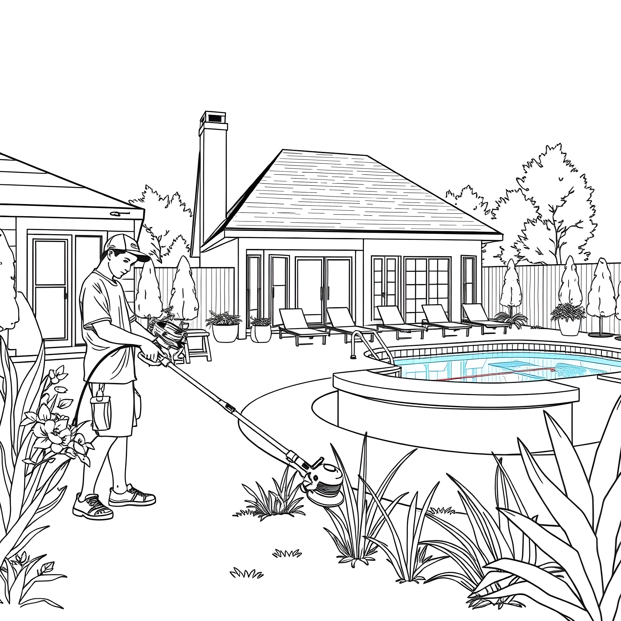Guy mowing lawn by tranquil backyard pool Coloring Page (free black-and-white line drawing printable PDF for all, from beginners to advanced learners, including children, teens, adults, and seniors)